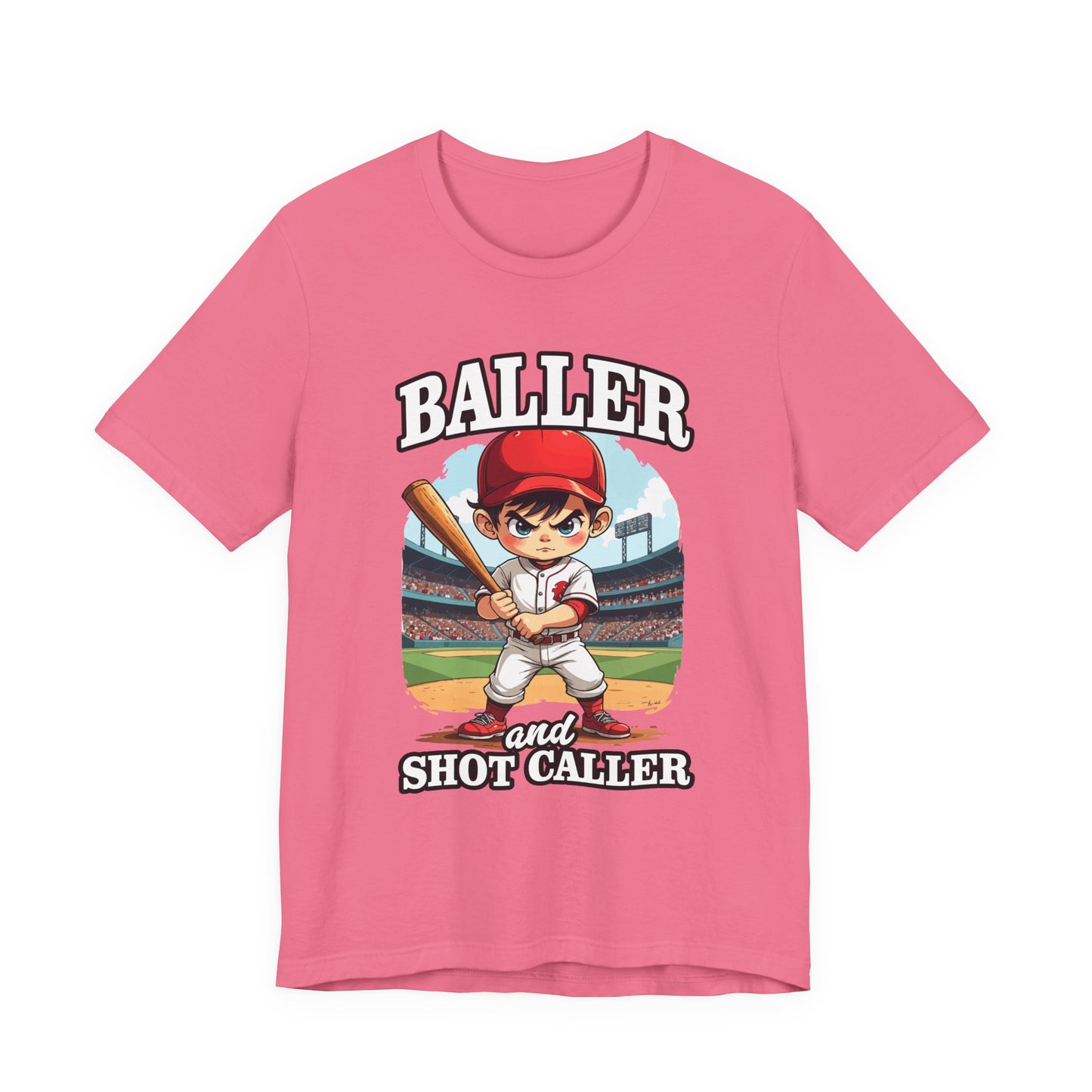 Baller And Short Caller Tshirt young baseball player standing confidently on the pitch