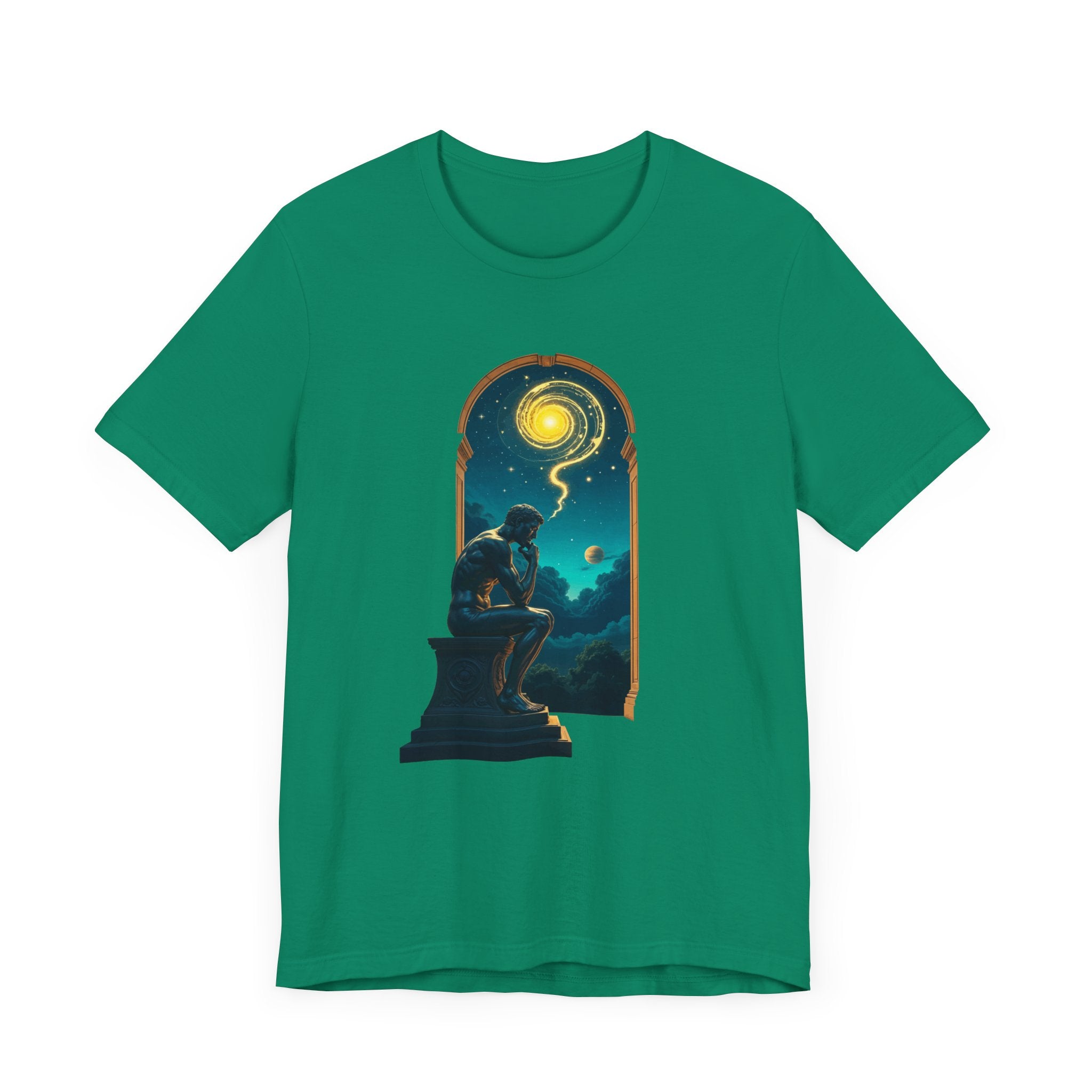 Muscular Statue Deep in Thought on Stage with Scenic Window View Graphic T-Shirt