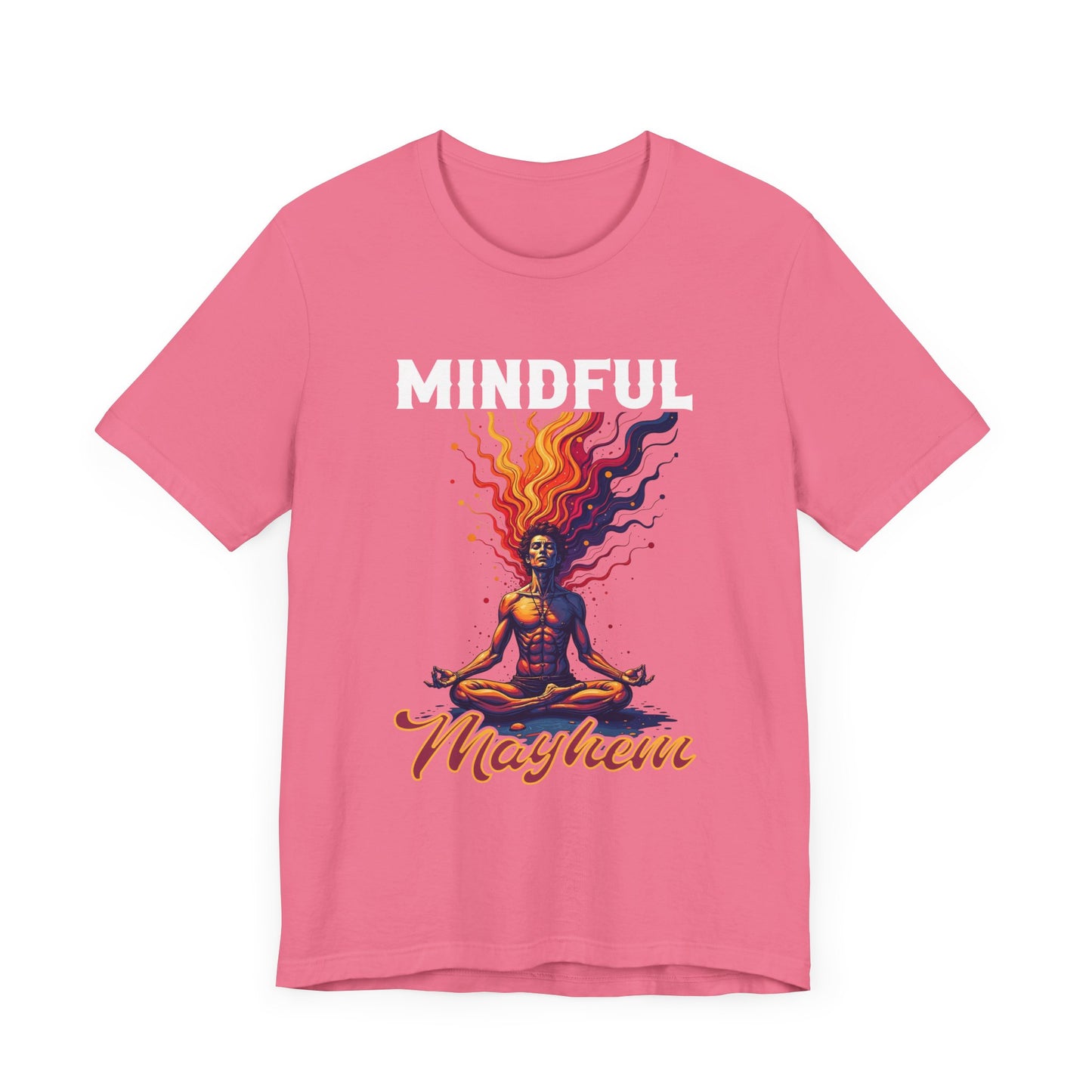Mindful Mayhem – Meditating Man with Rising Flames Graphic T-Shirt