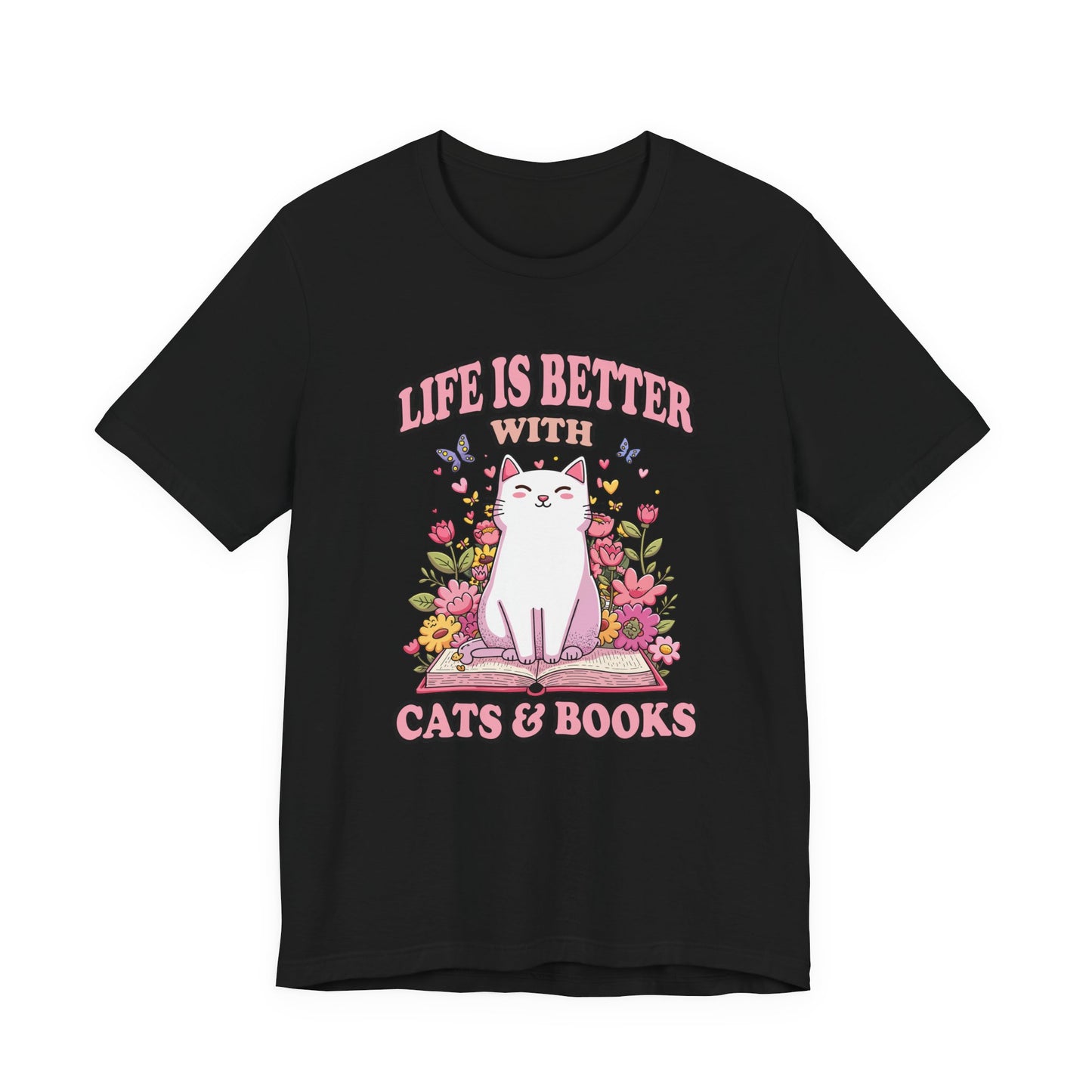 Life Is Better With Cat And Books Tshirt Cat Sitting on Open Book Flower Graphic