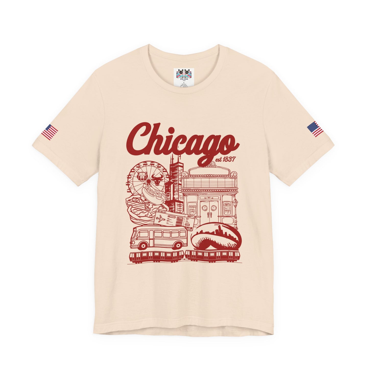 Chicago Est 1837 T-Shirt - Iconic Landmarks Yellow Red Illinois Tourist Collage