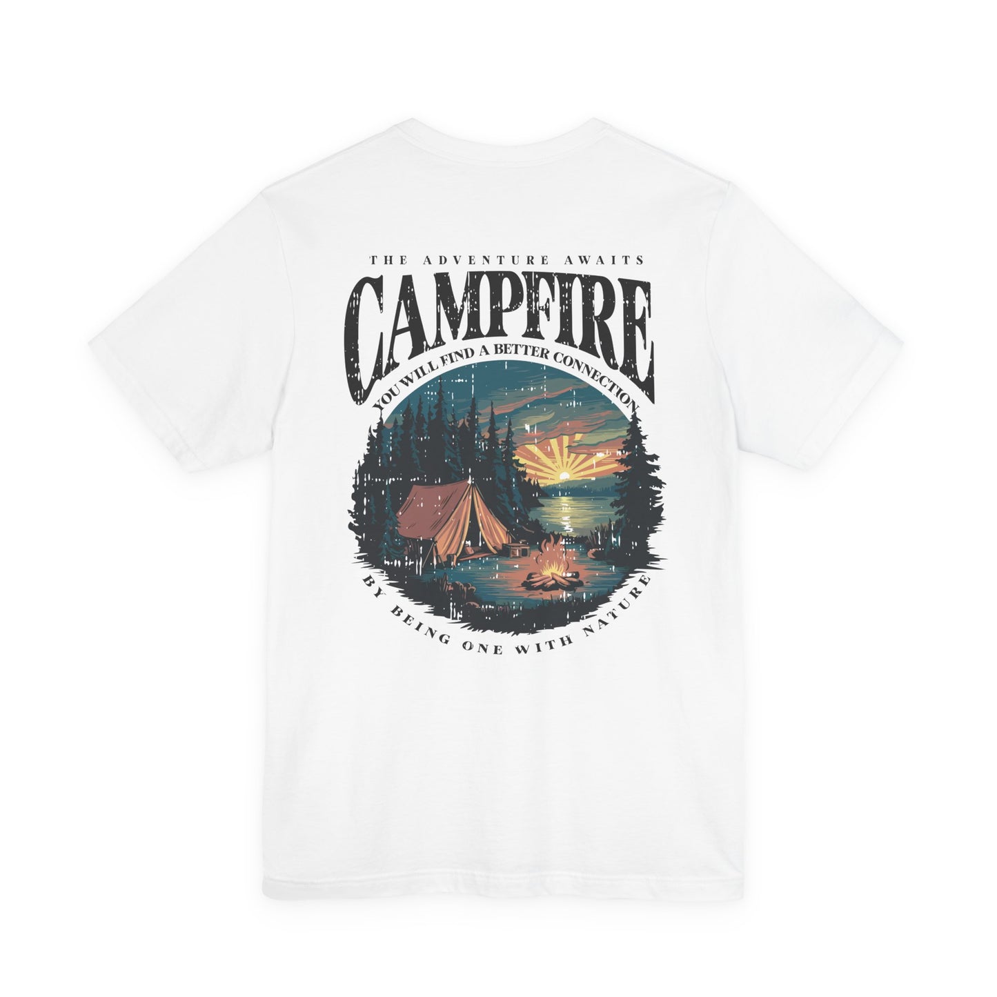 The Adventure Awaits Campfire T-Shirt – Forest Sunset Reflection Graphic
