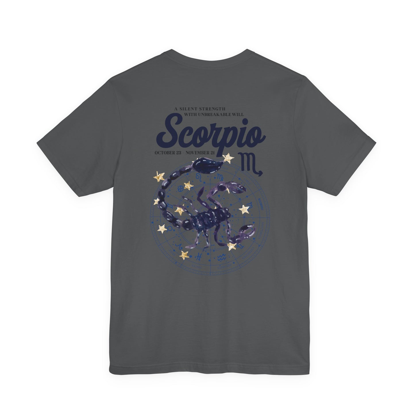 Scorpio Silent Strength T-Shirt – Scorpion with Zodiac Calendar Background