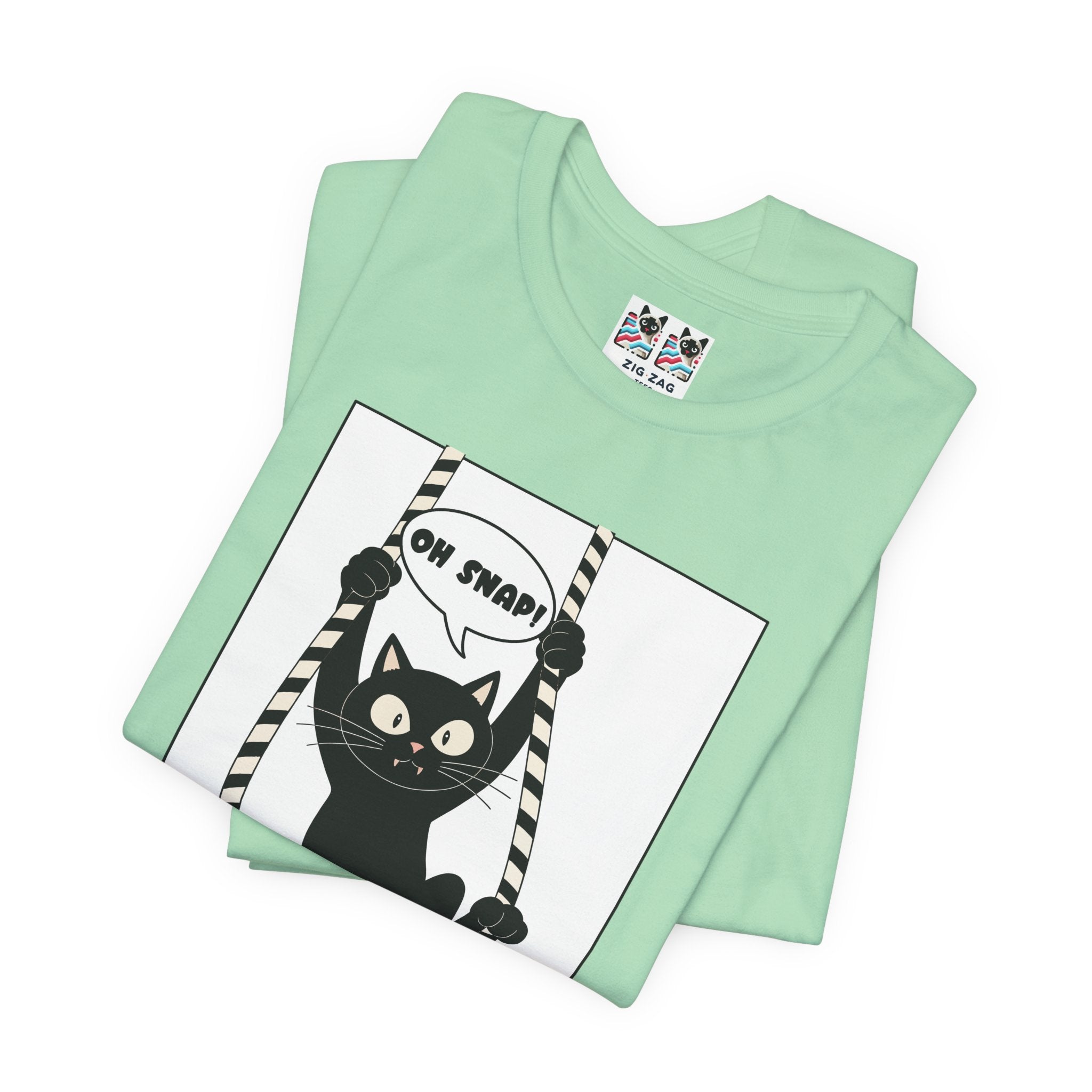 Custom T-Shirt - Oh Snap Funny Cat T-Shirt – Cat Hanging from Blinds Mischievous Kitten Humor Graphic Tee