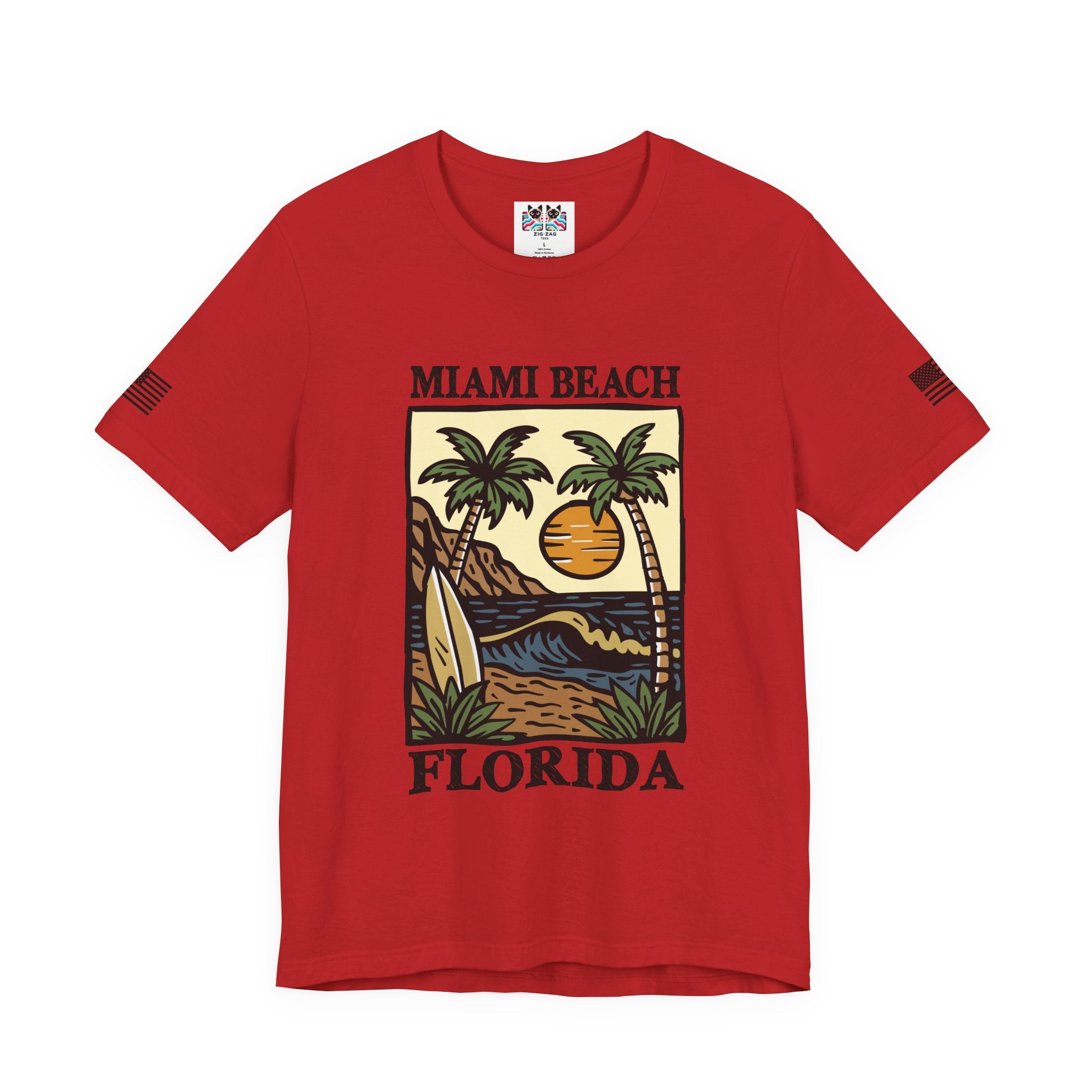 Miami Beach Florida T-Shirt – Illustrated Surfboard Palm Tree Sunset Beach Scene Tee