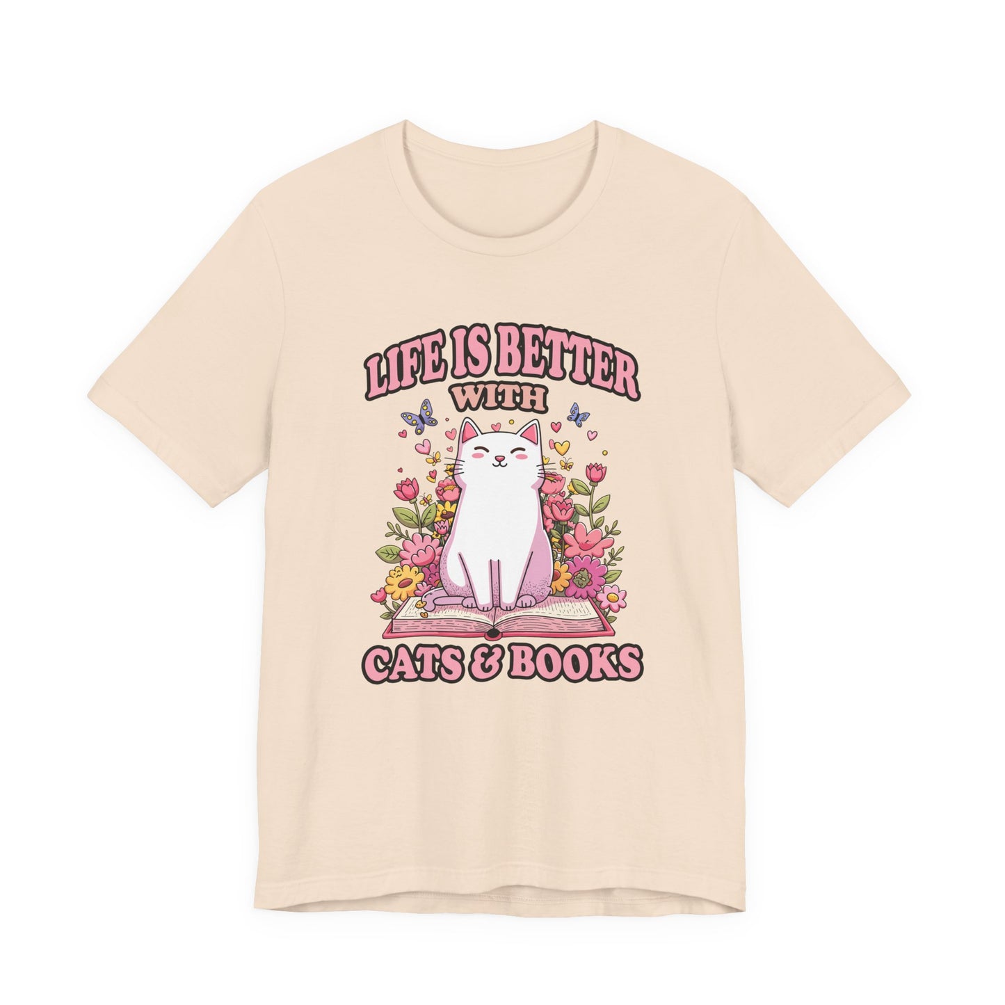 Life Is Better With Cat And Books Tshirt Cat Sitting on Open Book Flower Graphic