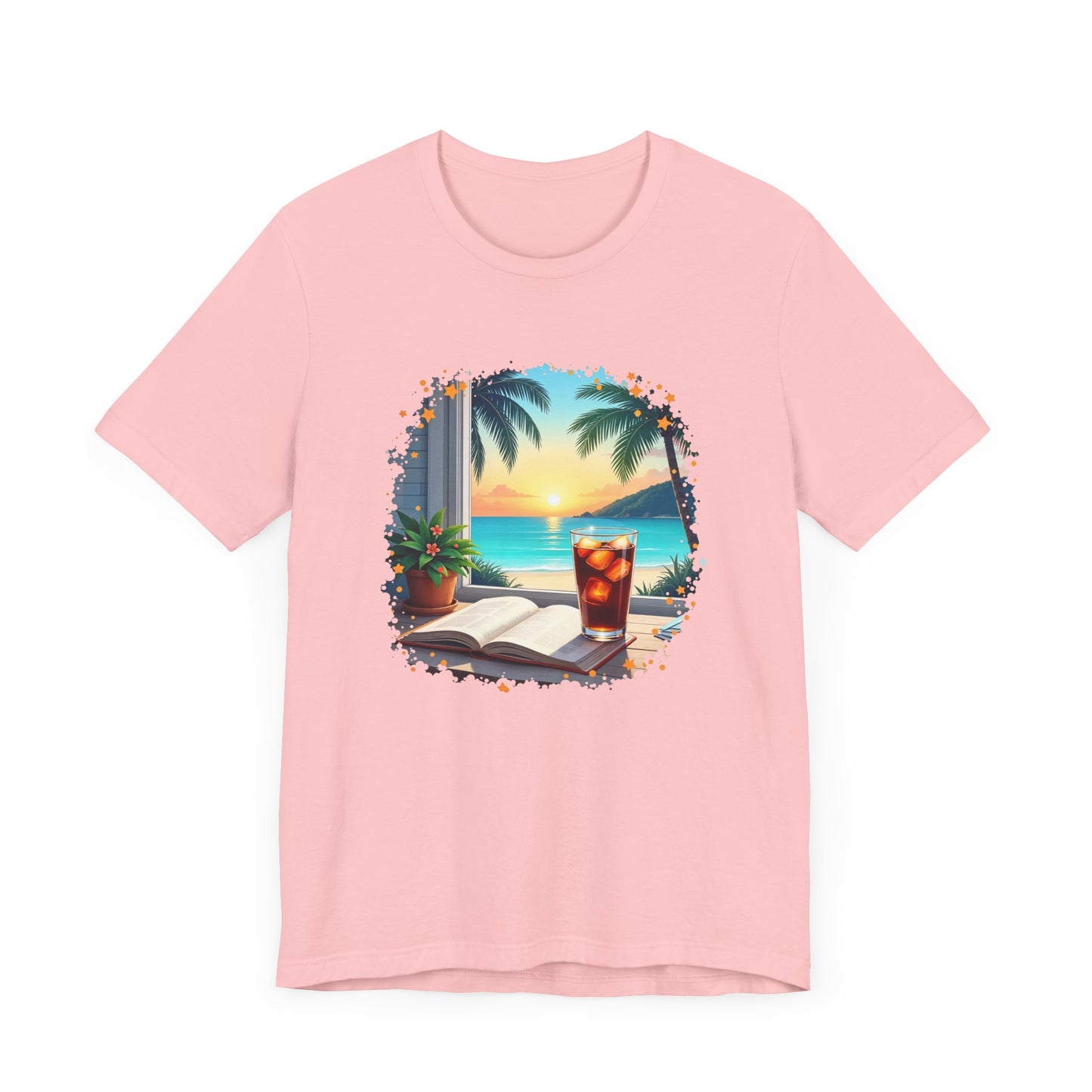 Romanticize Everything - Beachside Serenity – Table with Book, Drink & Flower Pot by Window Graphic T-Shirt