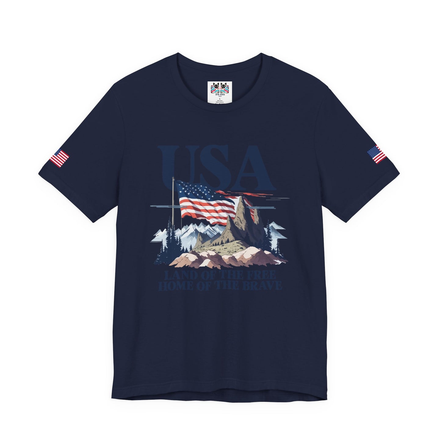 USA Land of the Free Home of the Brave T-Shirt – Mountain Flag Nature Patriotic Graphic Tee