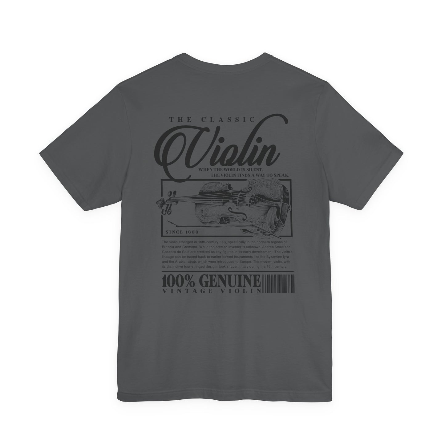 The Classic Violin T-Shirt – Vintage Instrument & 16th Century Story [Black Text]