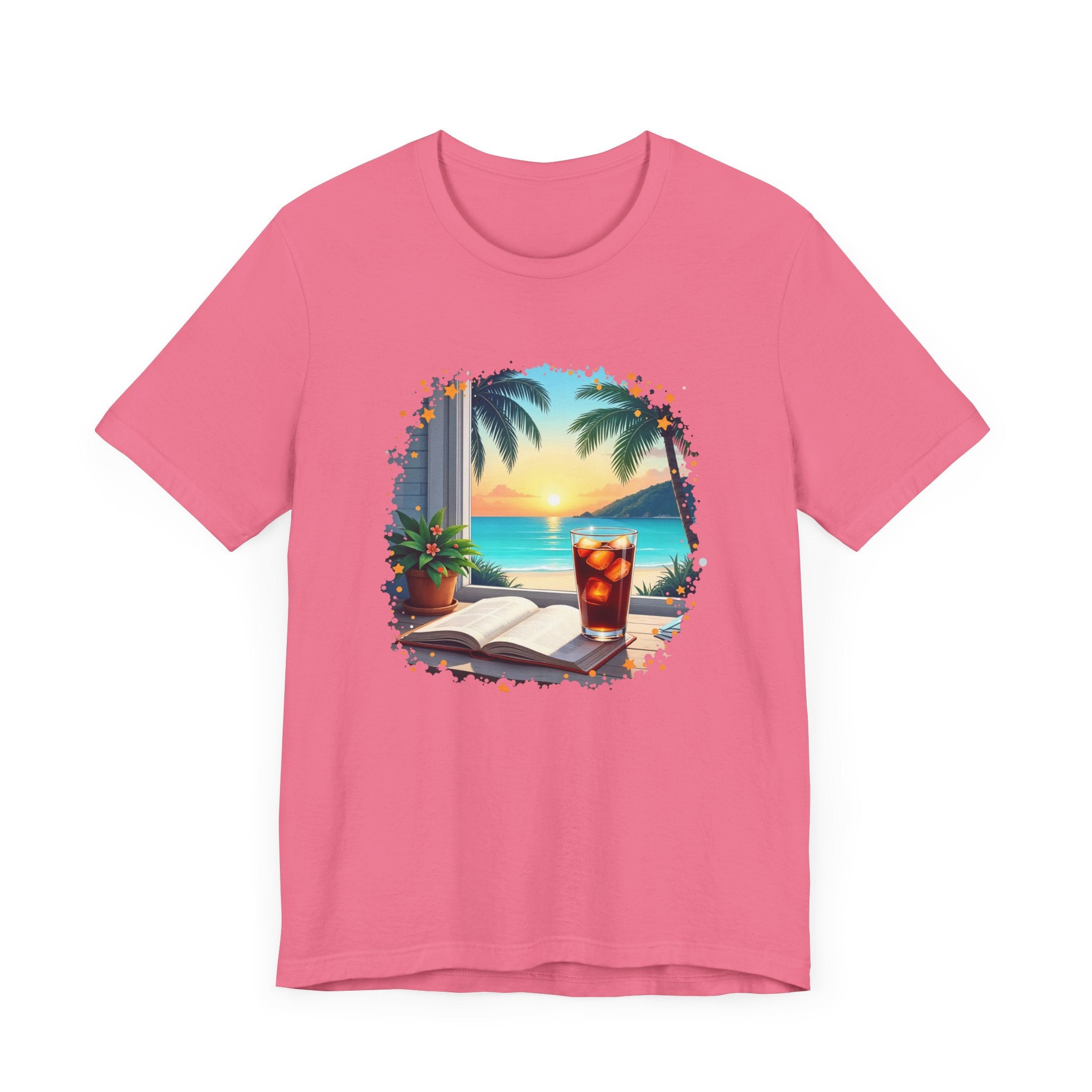 Romanticize Everything - Beachside Serenity – Table with Book, Drink & Flower Pot by Window Graphic T-Shirt
