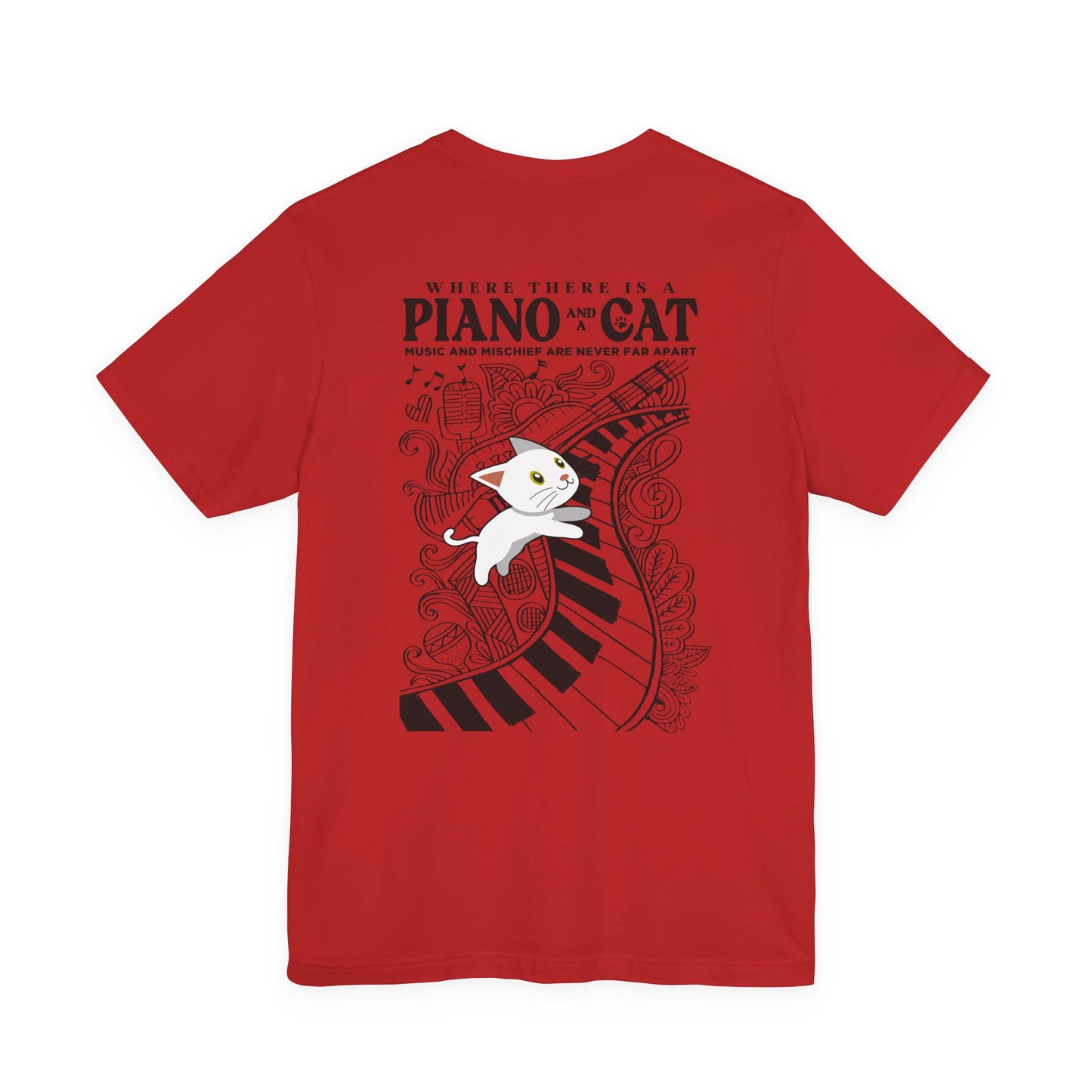 Music and Mischief T-Shirt – Piano and Playful Cat Graphic