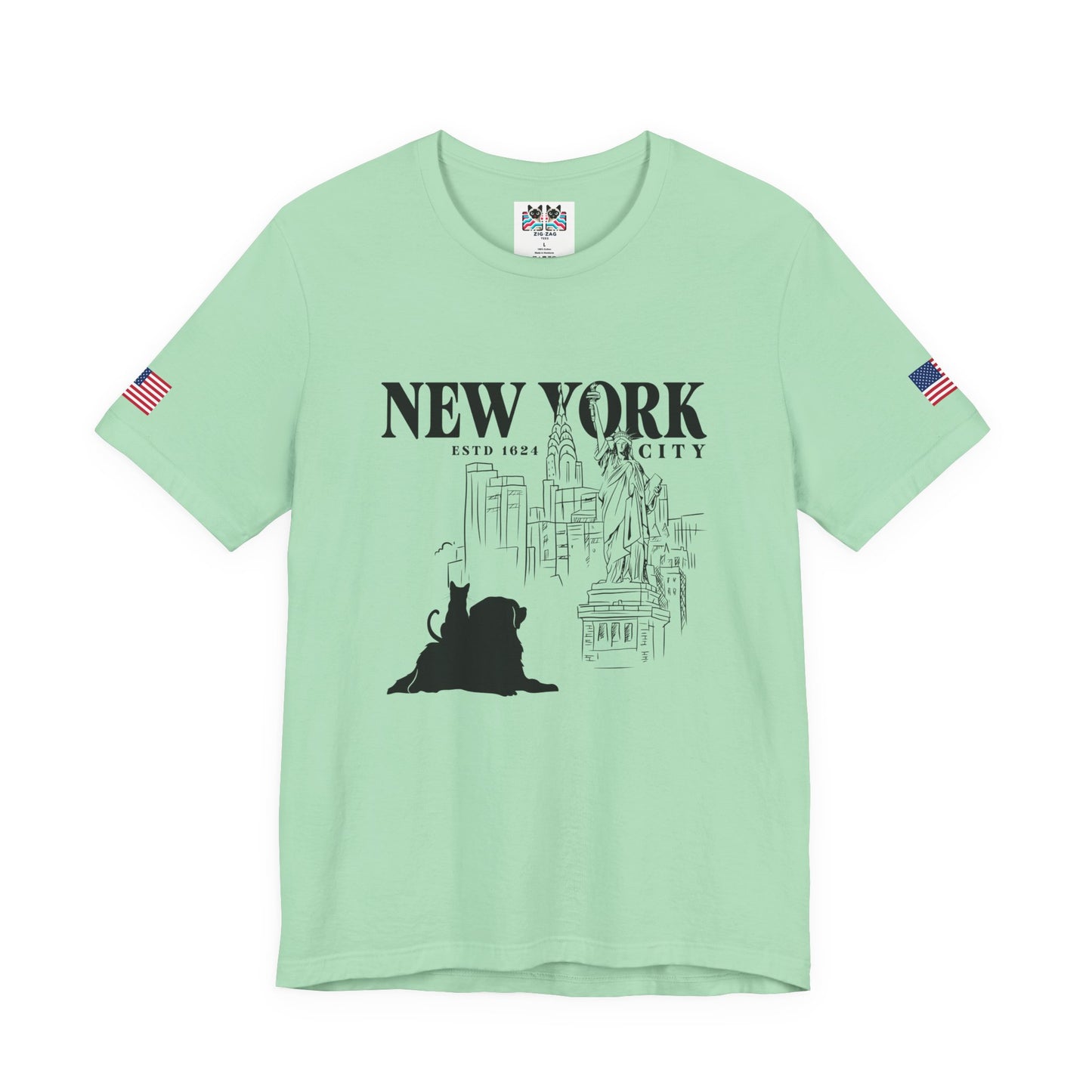 New York City Cat Dog T-Shirt - NYC Est. 1624 Sketch Art with Brooklyn Bridge & Liberty