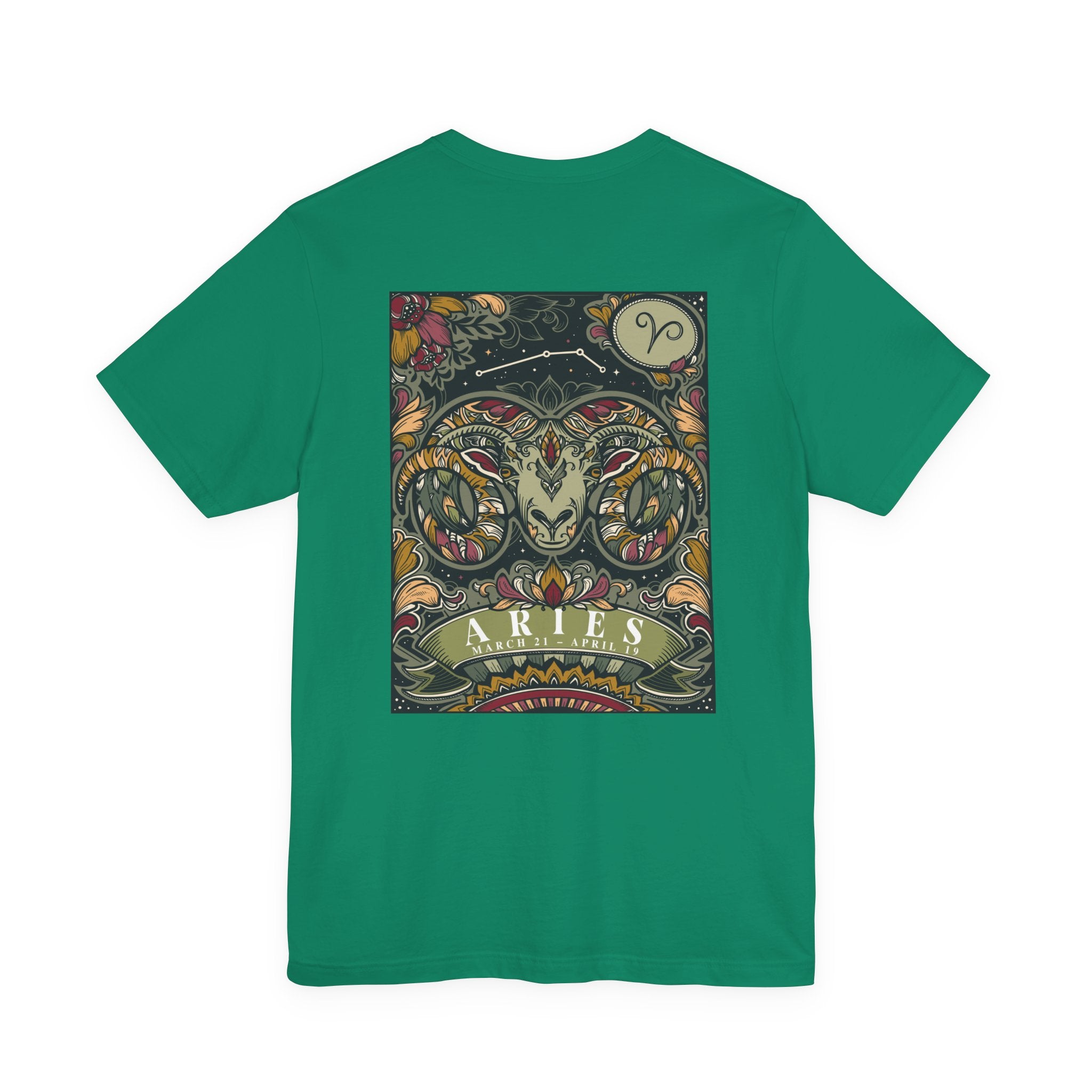 Aries Zodiac T-Shirt – Ram Head with Constellation and Floral Background