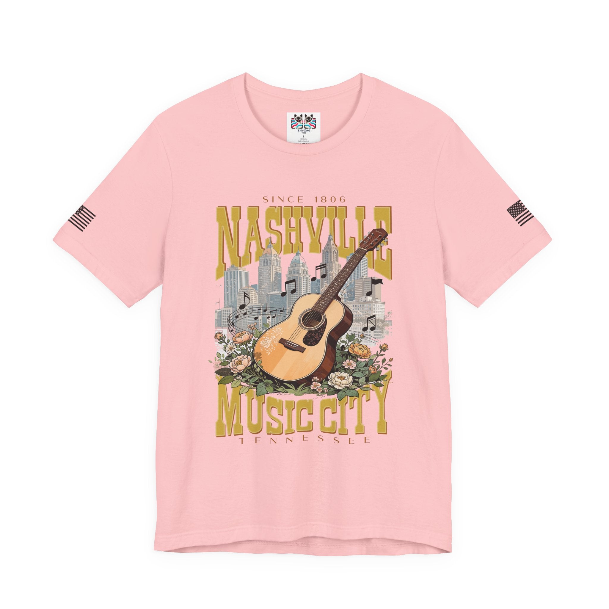 Nashville Music City Since 1806 T-Shirt – Acoustic Guitar Skyline Floral Graphic Tee Tennessee