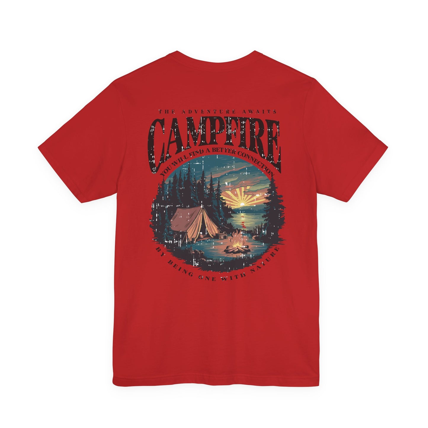 The Adventure Awaits Campfire T-Shirt – Forest Sunset Reflection Graphic