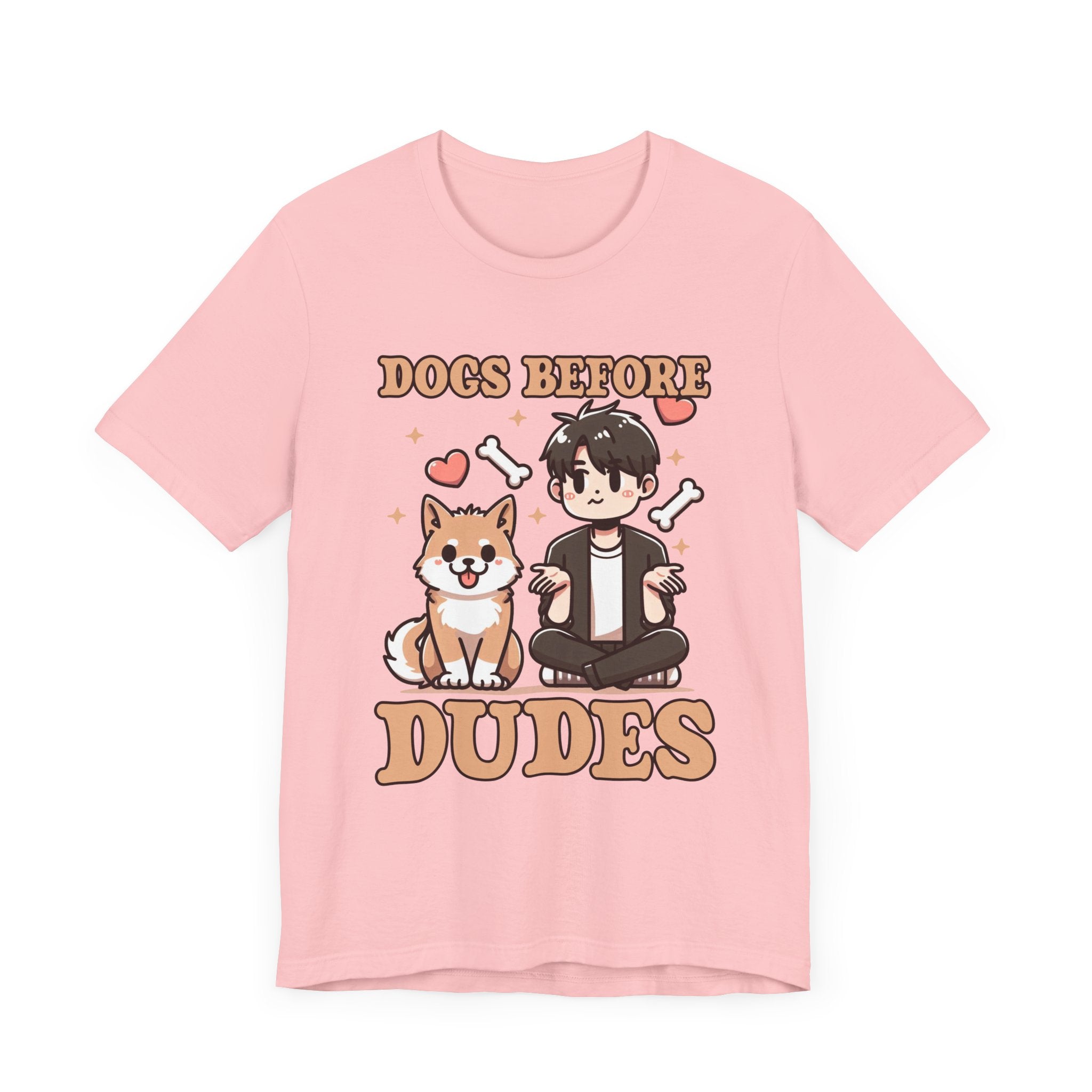 Dogs Before Dudes | Smiling Puppy & Surprised Boy with Hearts, Bones, and Stars T-Shirt