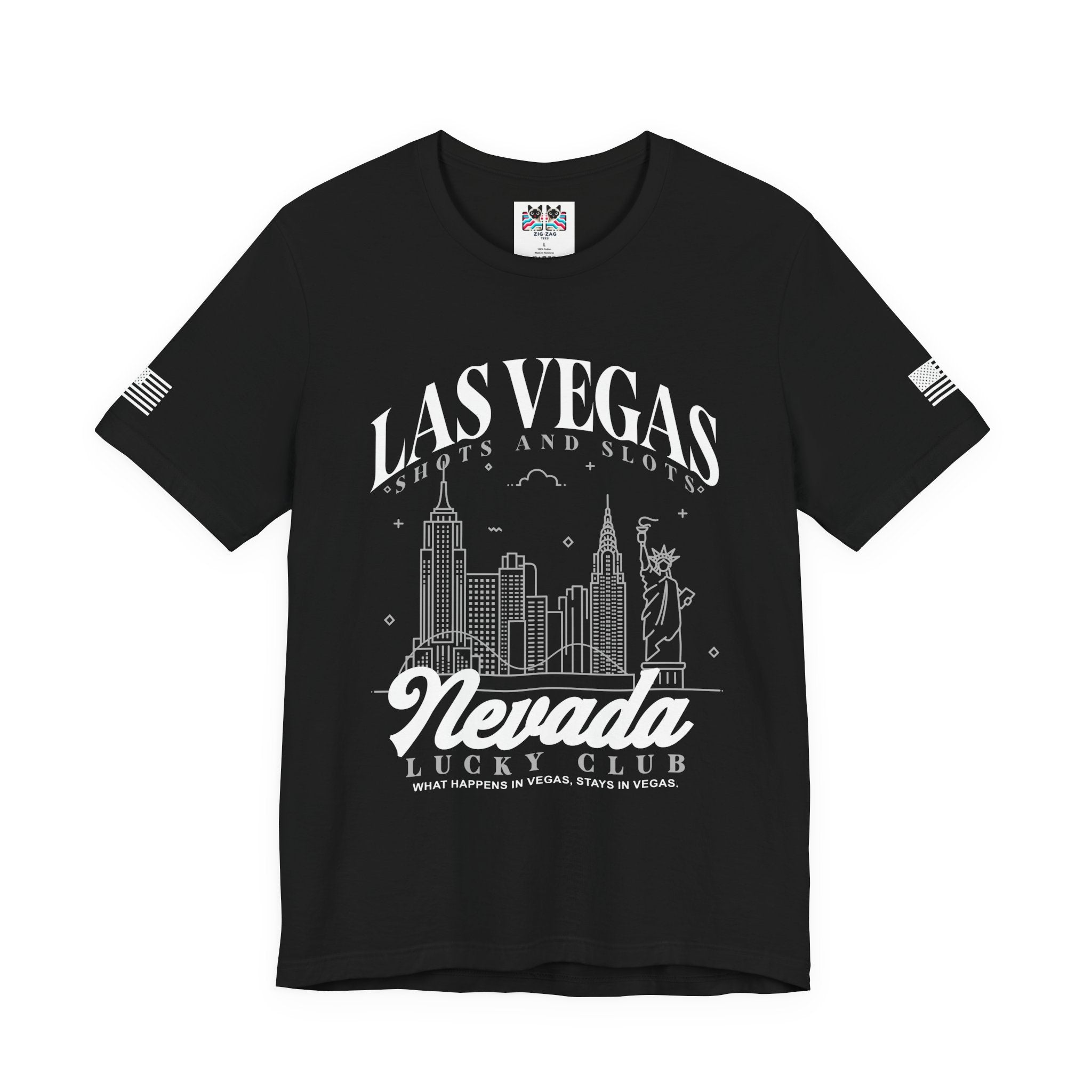 Las Vegas Shots and Slots Nevada Lucky Club Men's T-Shirt – Vegas Skyline Black Tee