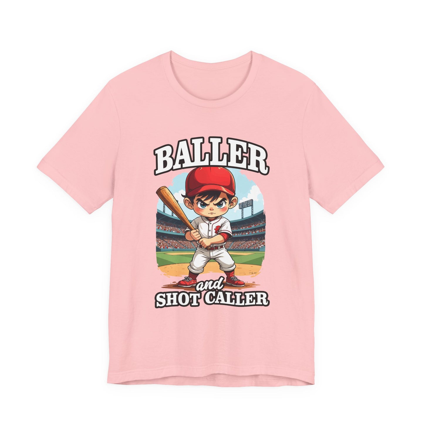 Baller And Short Caller Tshirt young baseball player standing confidently on the pitch