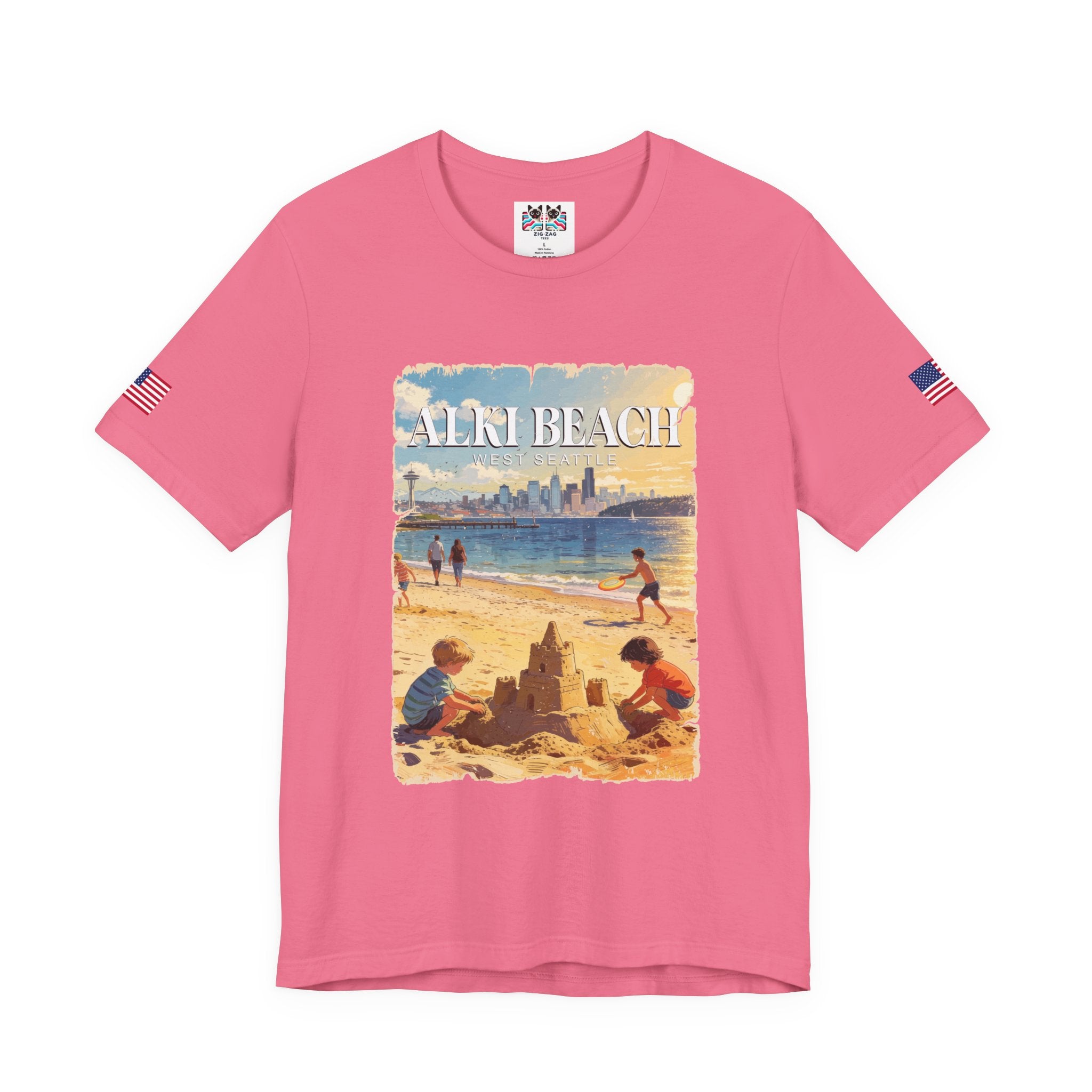 Alki Beach West Seattle Vintage Travel Poster Graphic T-Shirt | West Seattle Souvenir Tee | Puget Sound Beach Shirt