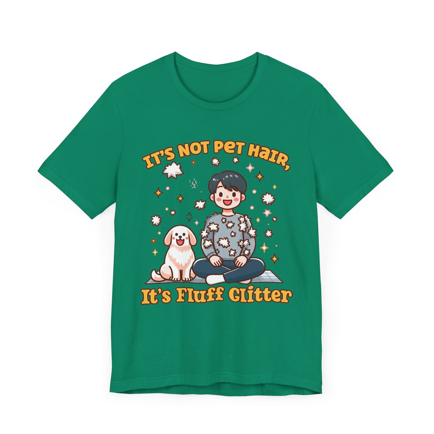 It's Not Pet Hair, It's Fluff Glitter | Smiling Puppy and Boy with Flying Hair & Glitter T-Shirt