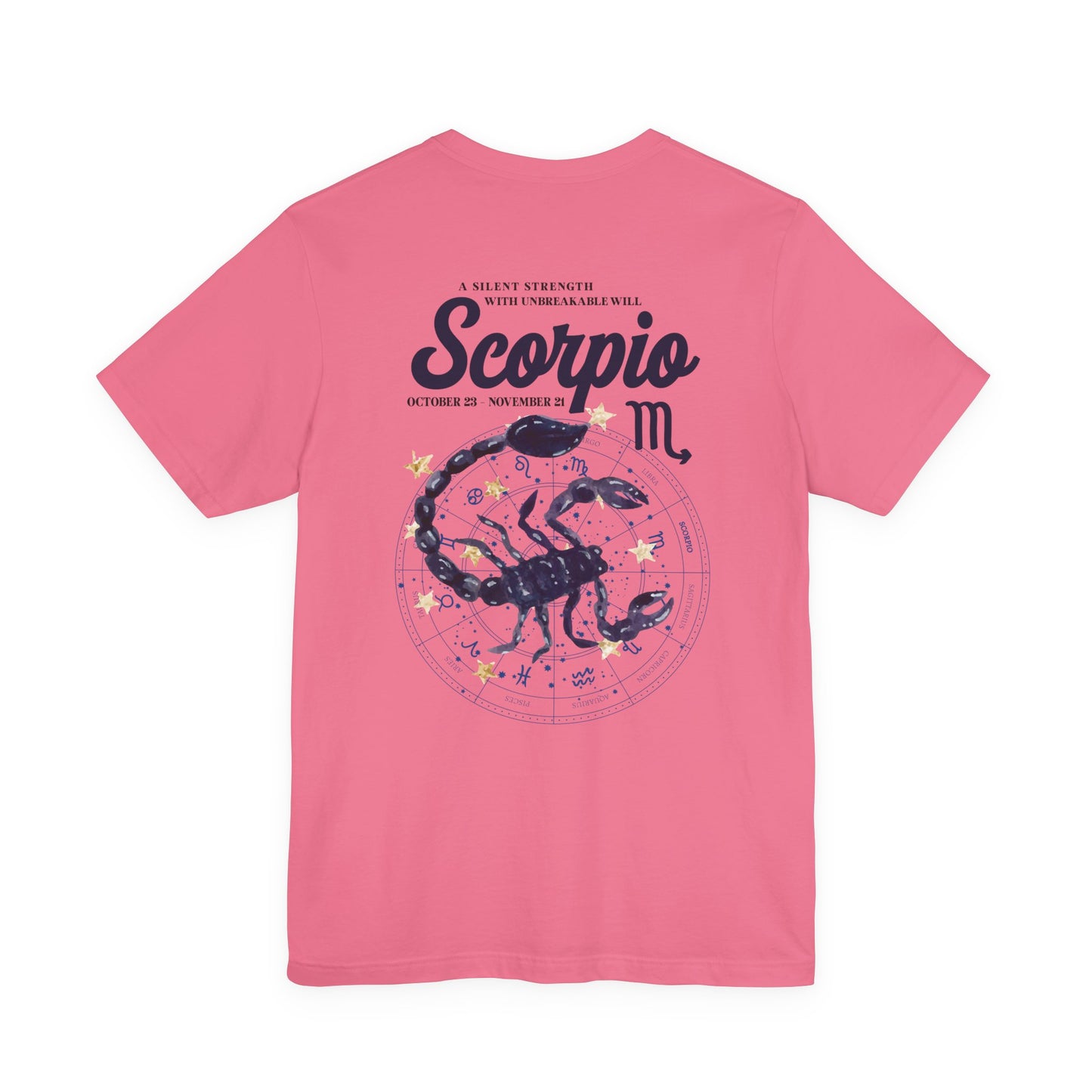 Scorpio Silent Strength T-Shirt – Scorpion with Zodiac Calendar Background
