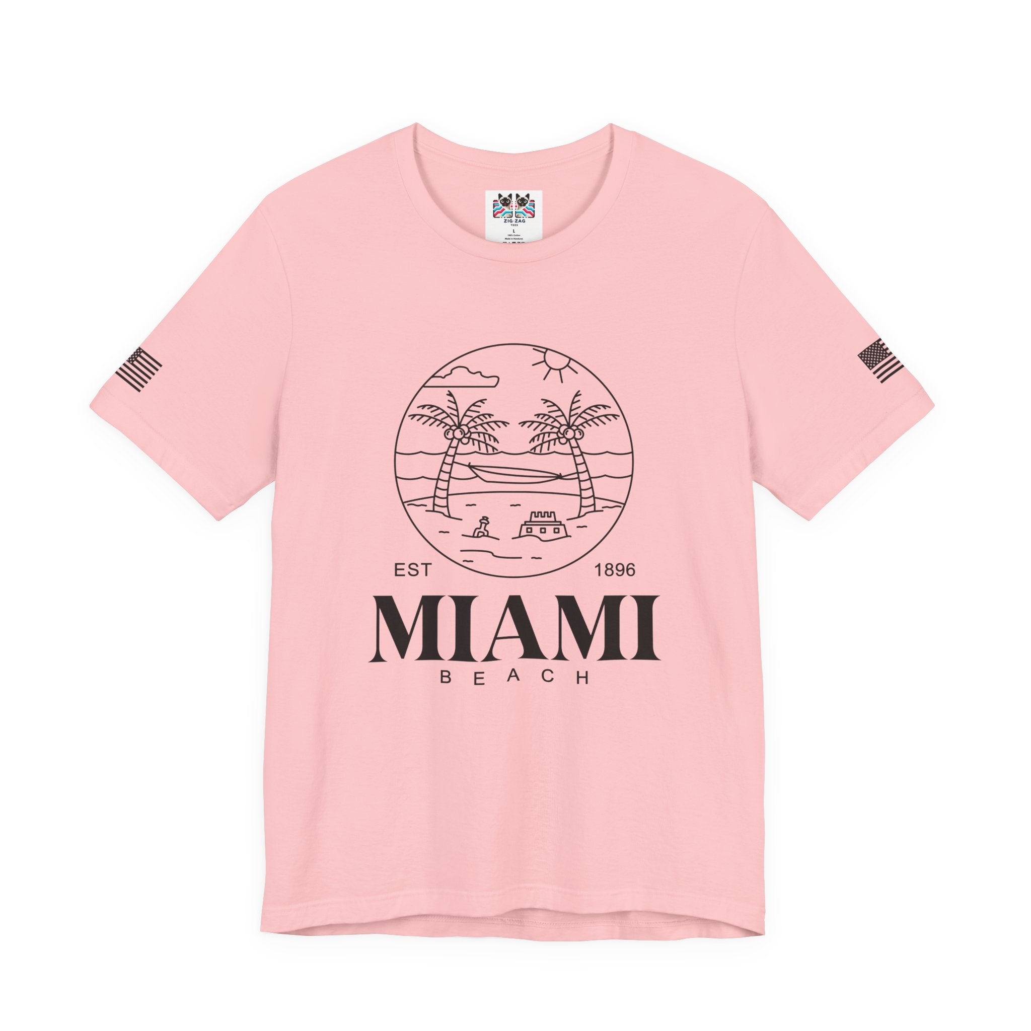 Miami Beach EST 1896 T-Shirt – Circle Line Art Badge Hammock Palm Tree Graphic Tee