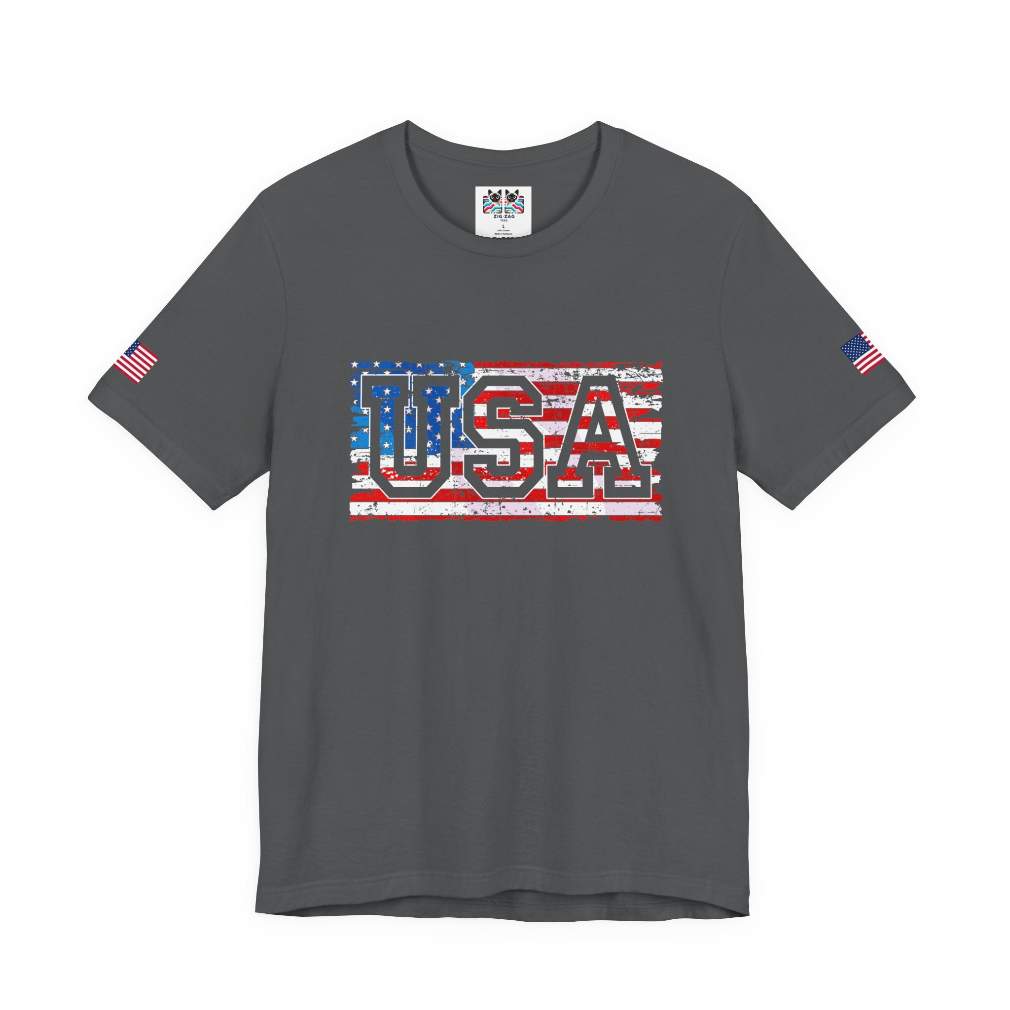 USA Vintage Collegiate T-Shirt – Retro American Flag Typography Graphic Tee