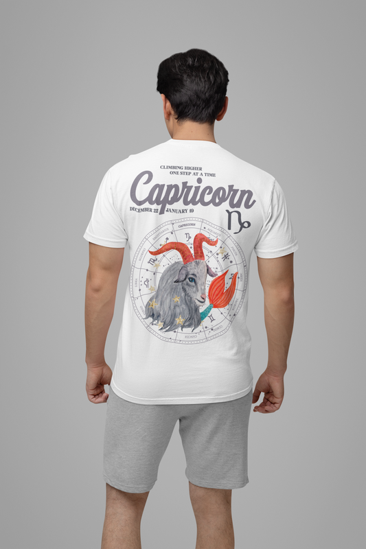 Capricorn Zodiac T-Shirt – Climbing Higher One Step At A Time Astrological wheel