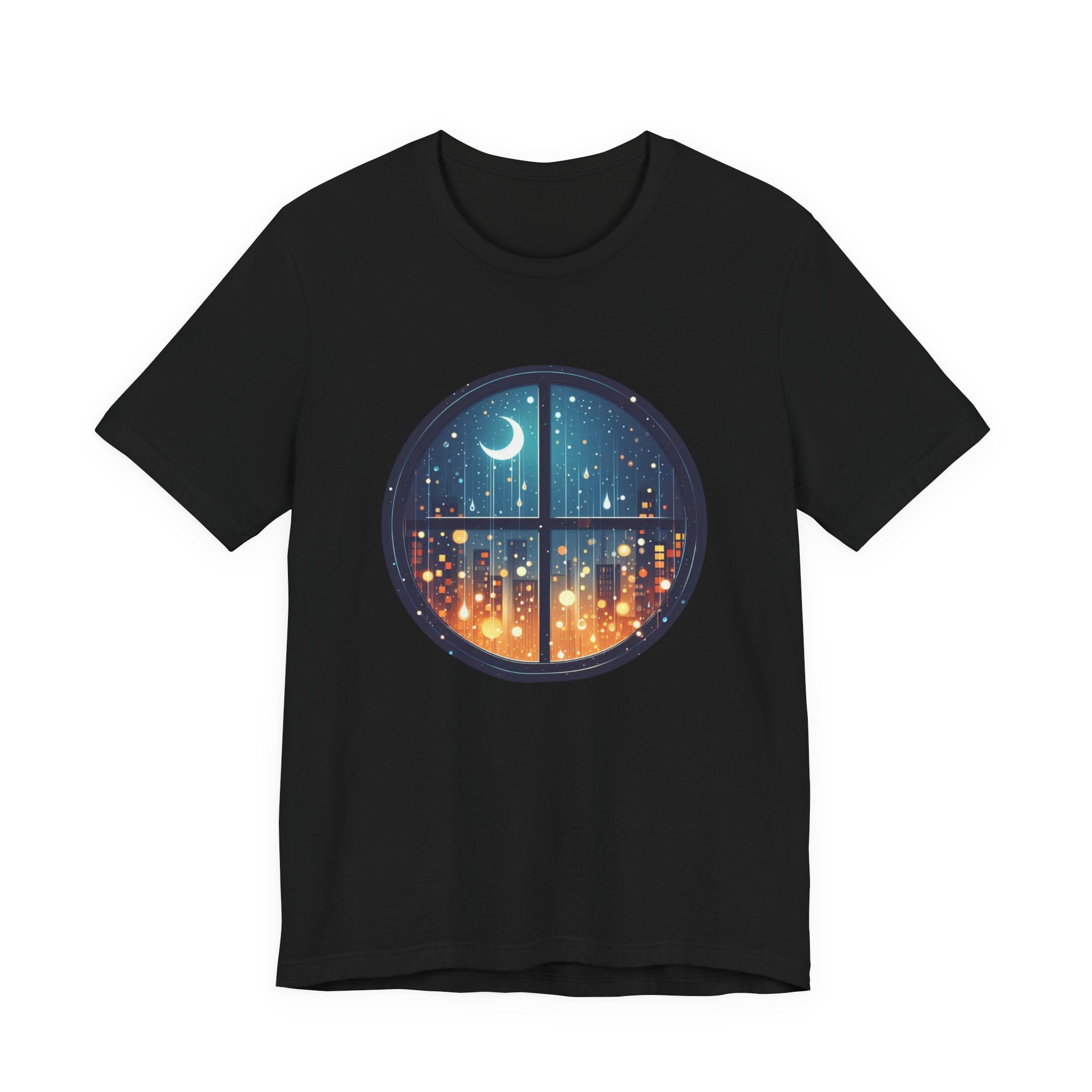 Dreaming Under Drizzles – Crescent Moon & Rainy Night in a City Window Graphic T-Shirt