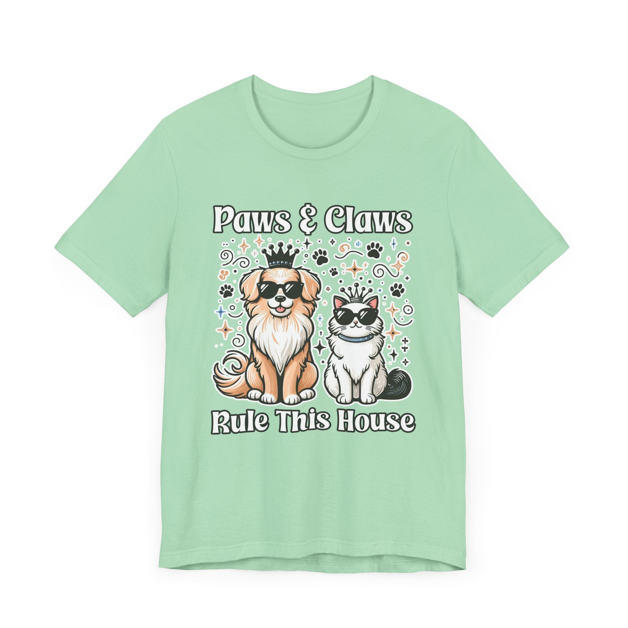 Paws and Claws Rule the House | Smiling Dog & Cat with Paw Shapes T-Shirt