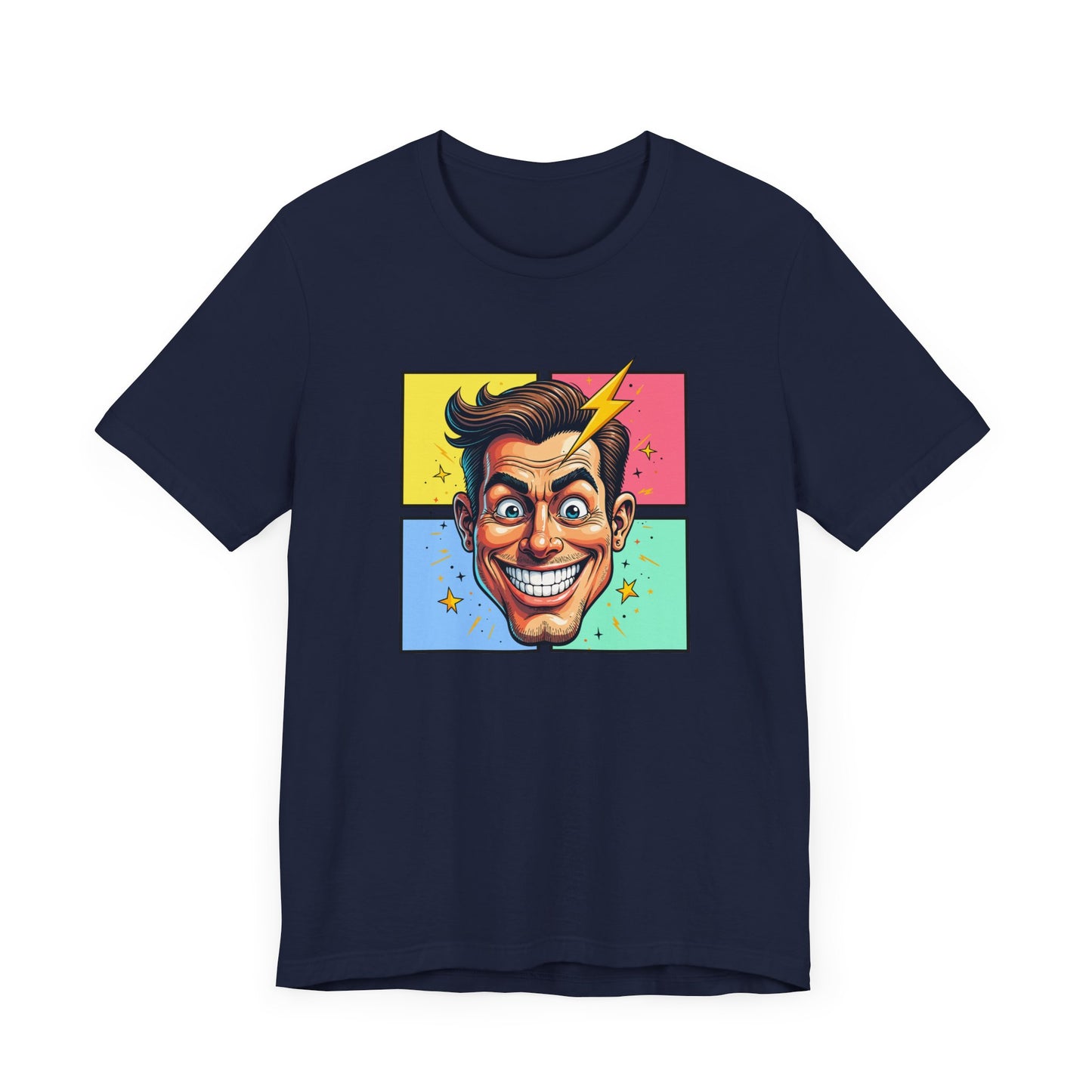 Funny Man’s Face with Lightning Forehead and Colorful Quadrant Stars Emotions Graphic T-Shirt
