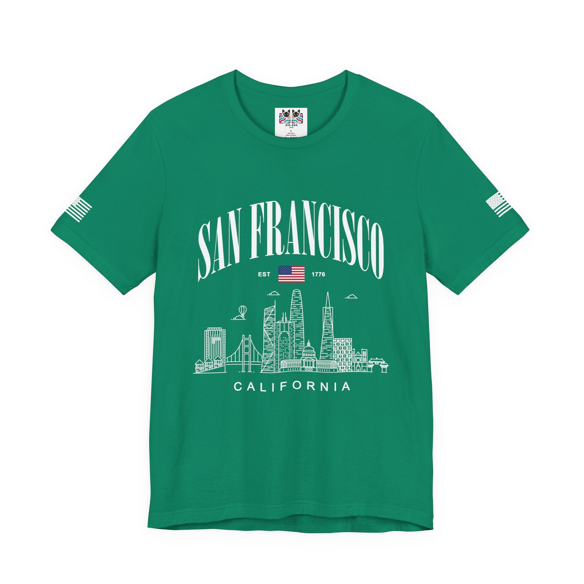 San Francisco California T-Shirt, EST 1776 Arch Skyline Tee, Bay Area Patriotic Shirt, SF Souvenir Gift, Unisex USA Flag Sleeve Shirt