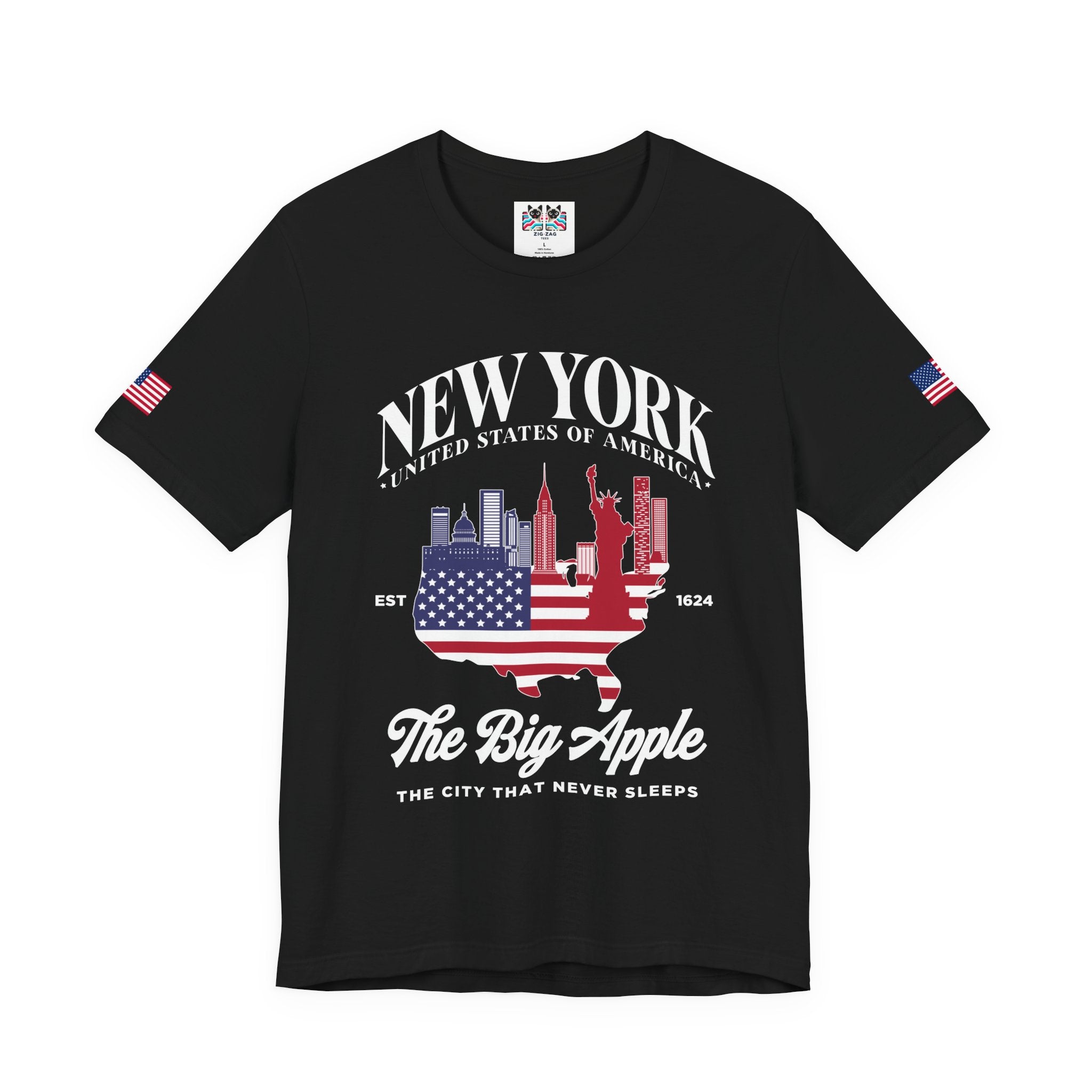 New York The Big Apple T-Shirt - NYC Skyline USA Flag Design Est 1624