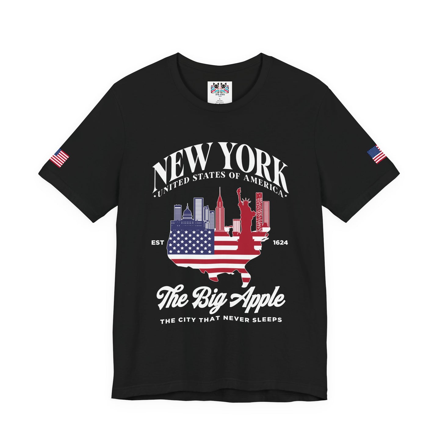 New York The Big Apple T-Shirt - NYC Skyline USA Flag Design Est 1624