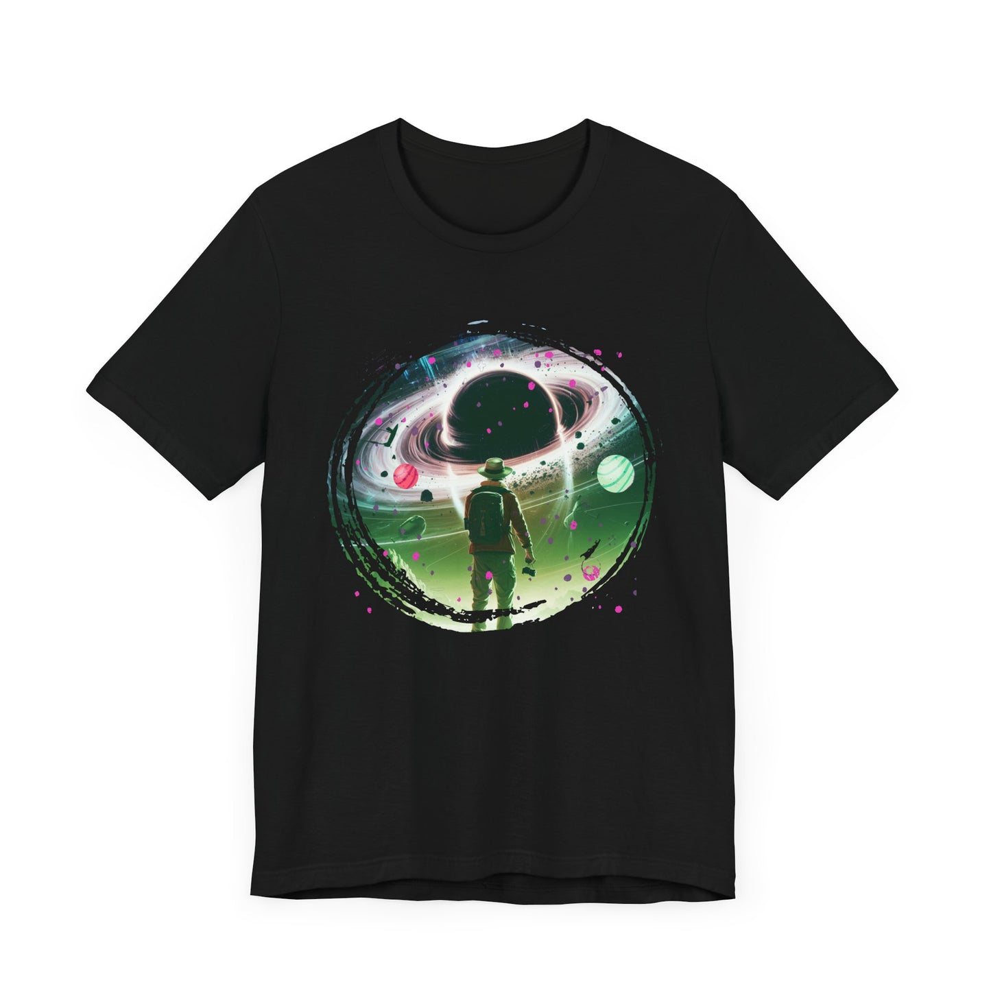 Shocked Traveler & Dramatic Planets | Backpacker Gazing at Planets Graphic T-Shirt