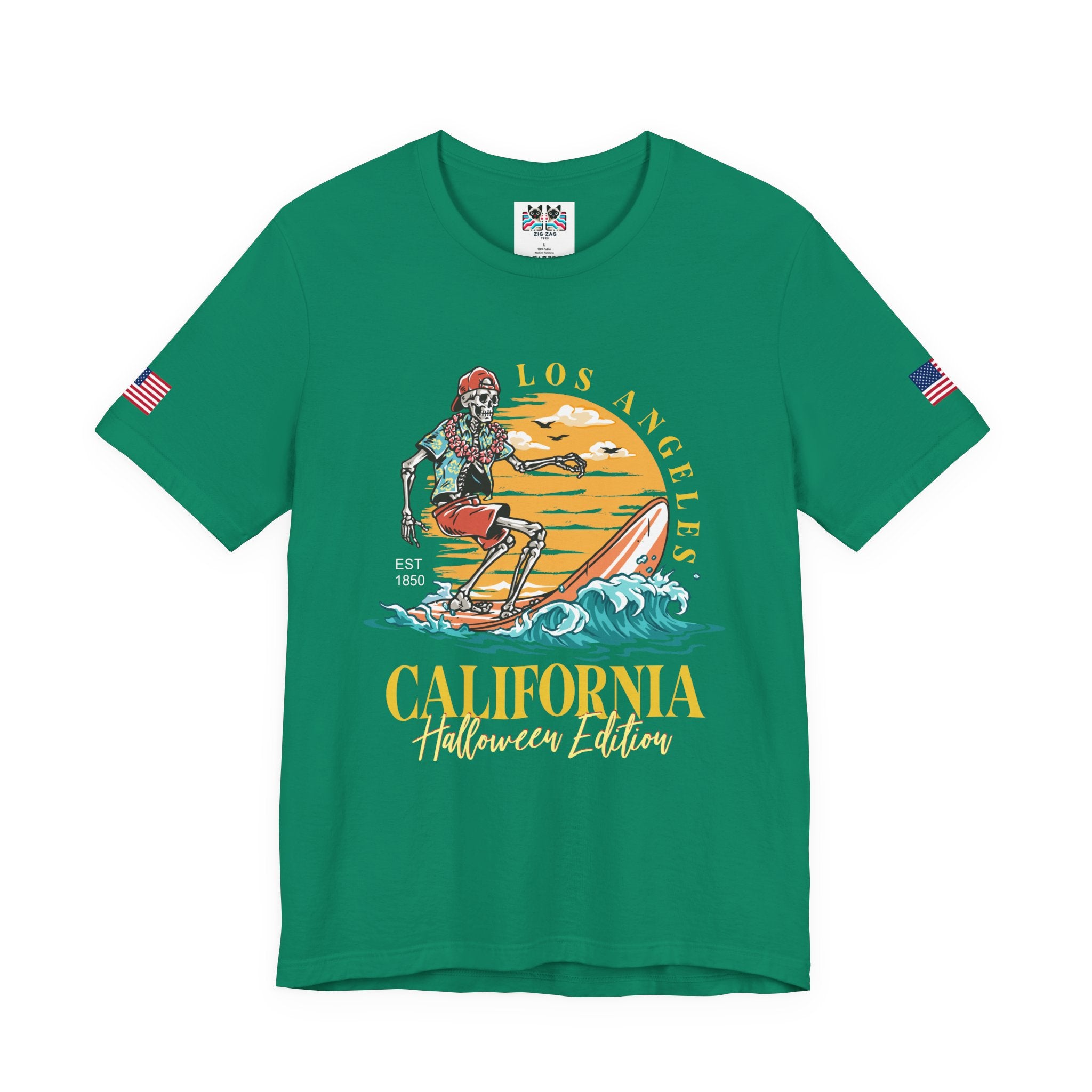 Los Angeles California Halloween Edition T-Shirt – Skeleton Surfer Beach EST 1850 Tee