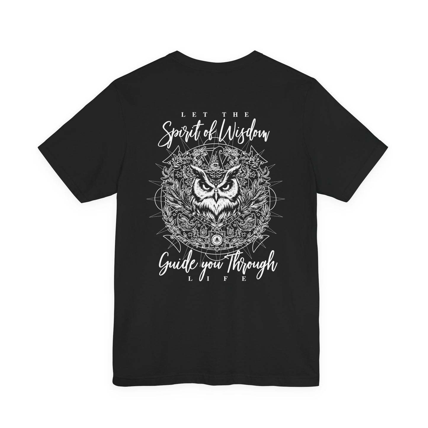 Spirit of Wisdom Owl T-Shirt – Wise Owl with Witch Hat and Medal [White Text]