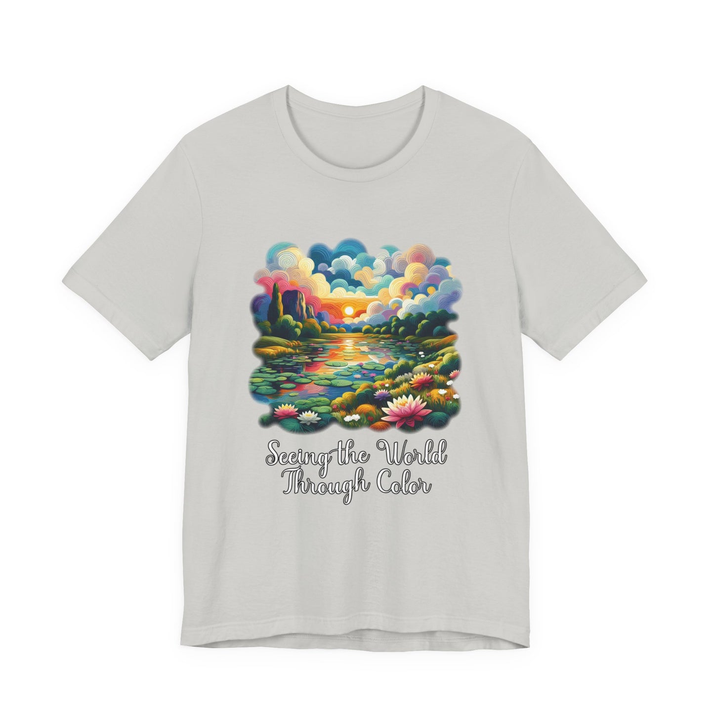 Impressionist Seeing the World Through Color Tshirt – Colorful Lotus Pond with Sunset Graphic
