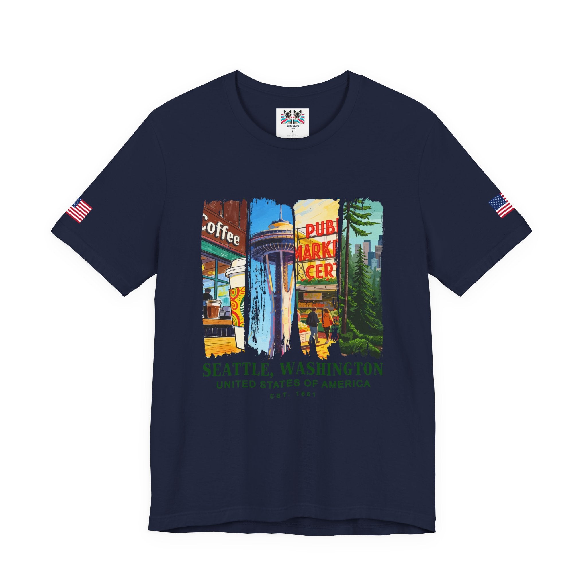 Seattle Washington Icons Collage T-Shirt | Coffee Space Needle Pike Place Market Graphic Tee | Seattle Souvenir