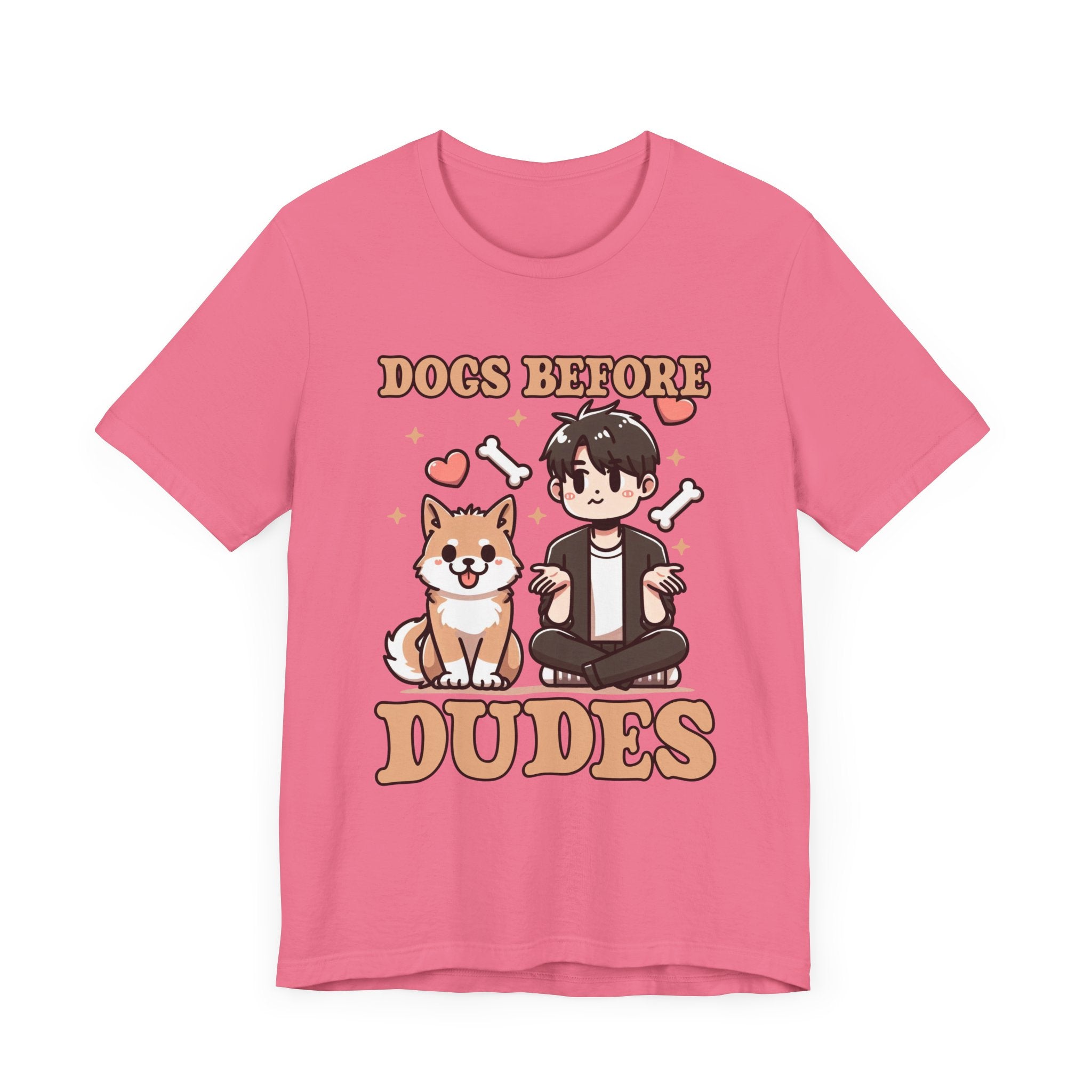 Dogs Before Dudes | Smiling Puppy & Surprised Boy with Hearts, Bones, and Stars T-Shirt