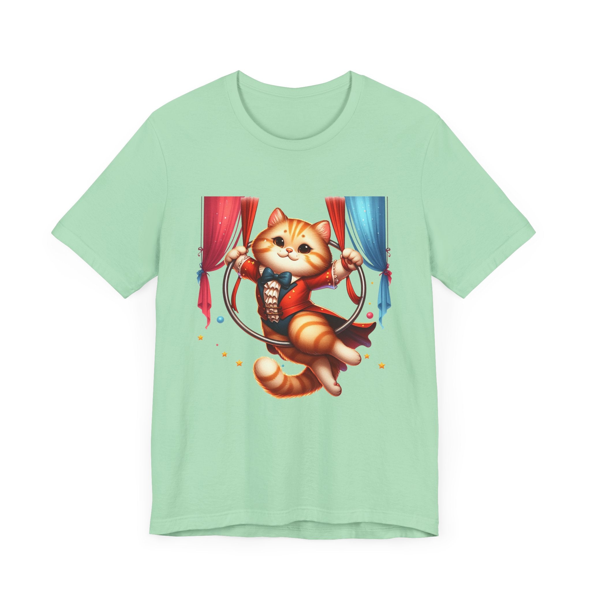 Circus Aerialist Cat Shirt, Funny Trapeze Performer Tee, Acrobatic Pet Graphic T Shirt, Quirky Performer Humor Apparel, Flying Cat Top