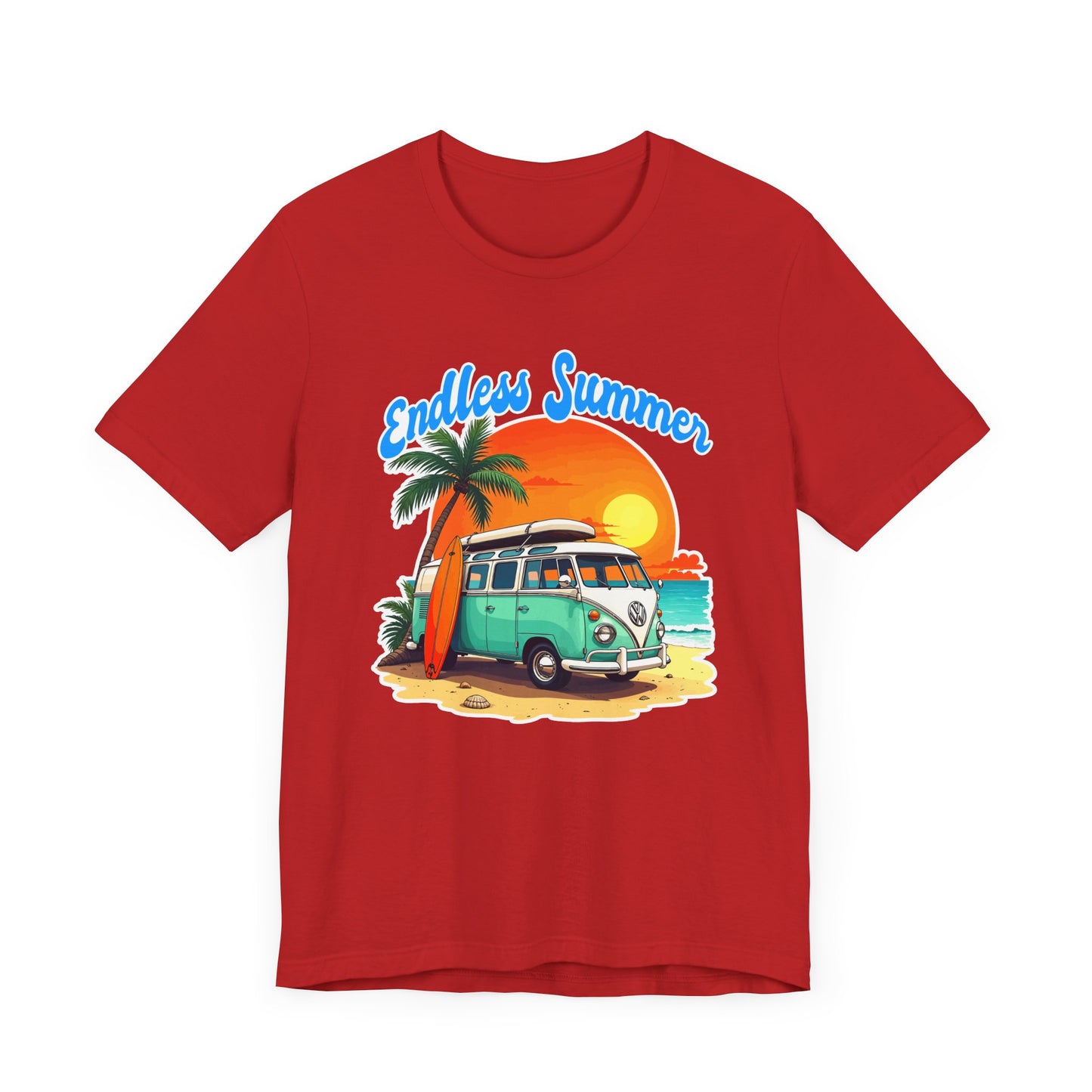 Endless Summer Beach Van with Surfboard and Palm Tree Sunset Graphic T-Shirt