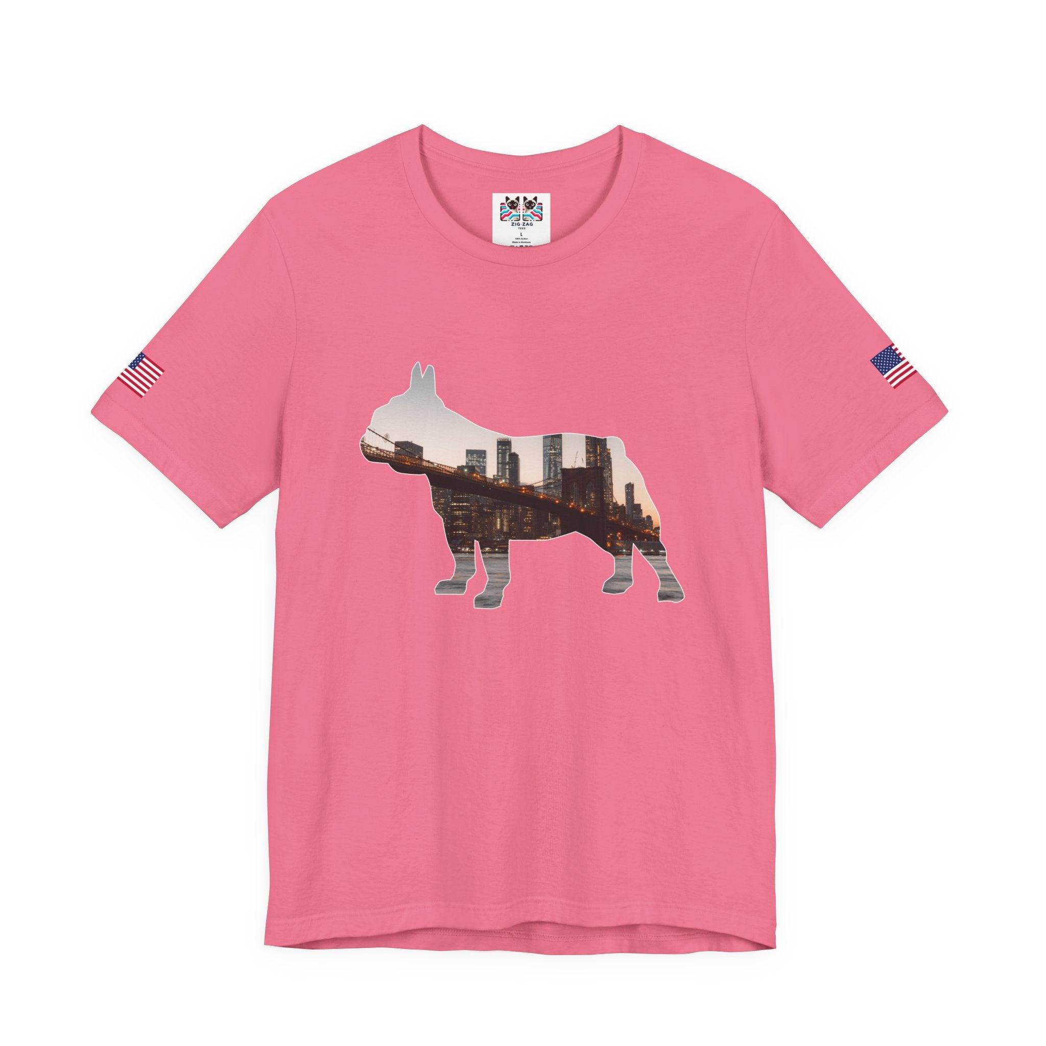 NYC Dog Silhouette T-Shirt - New York City Skyline in French Bulldog Shape Brooklyn Bridge