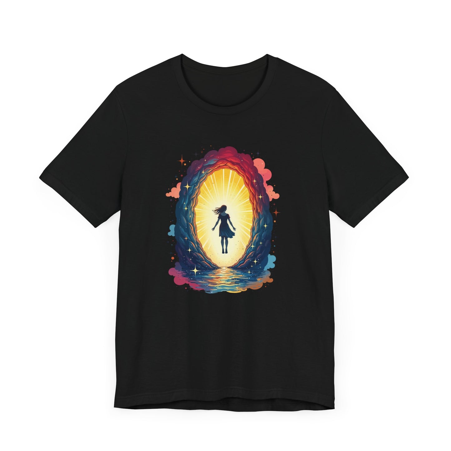 Interdimensional Chill – Floating Woman in Cosmic Portal Graphic T-Shirt