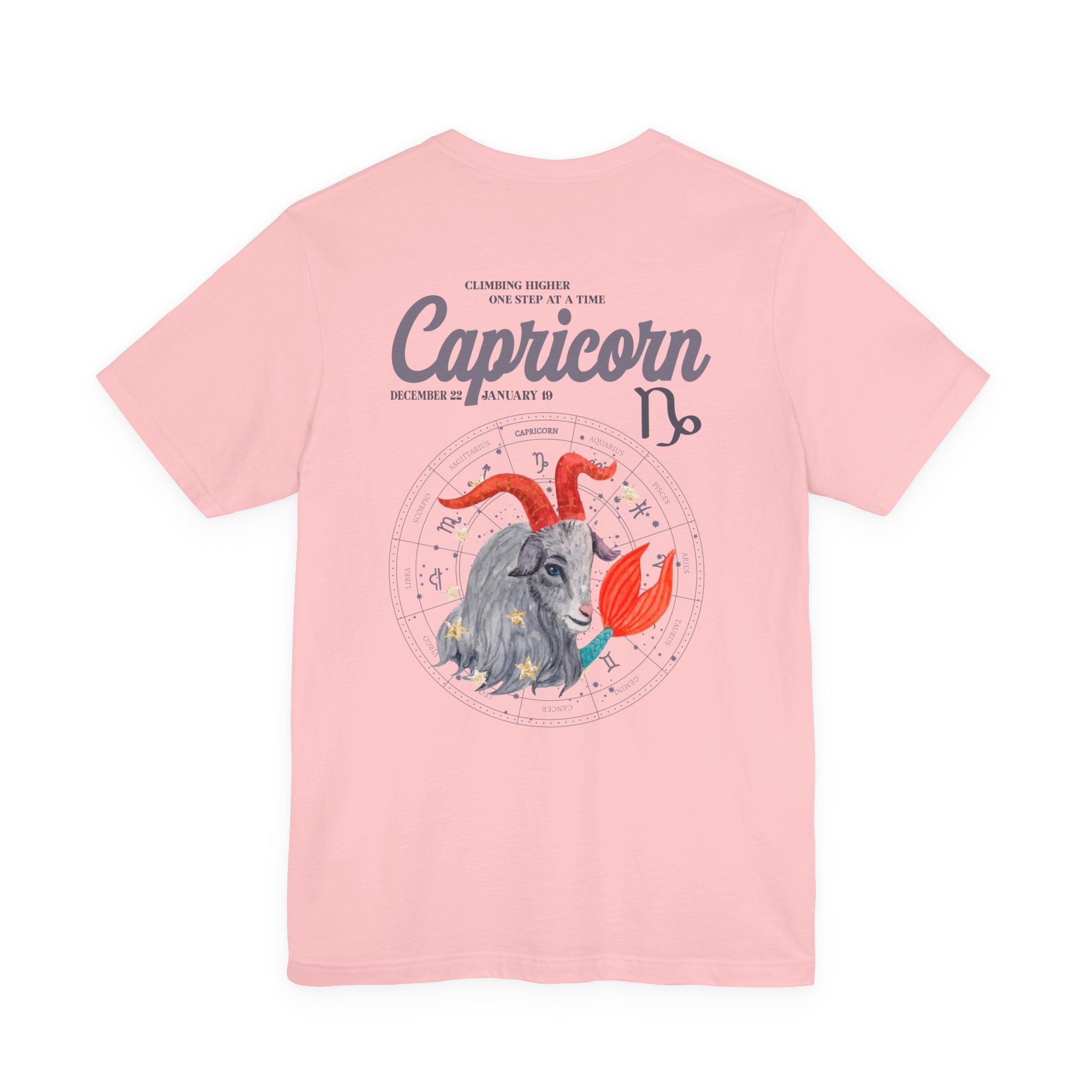 Capricorn Zodiac T-Shirt – Climbing Higher One Step At A Time Astrological wheel