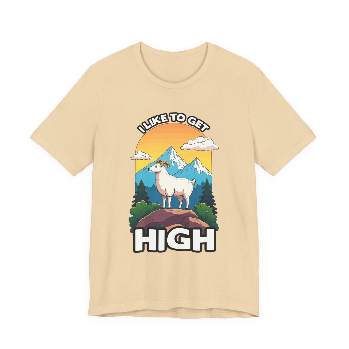 I Like to Get High Tshirt – Mountain Goat Standing on High Rock with Mountain Scenery