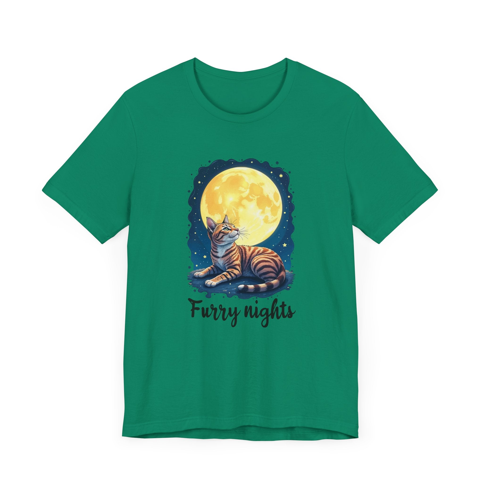 Moon Bath  - Furry Nights – Cat Watching Full Moon and Starry Sky Graphic T-Shirt