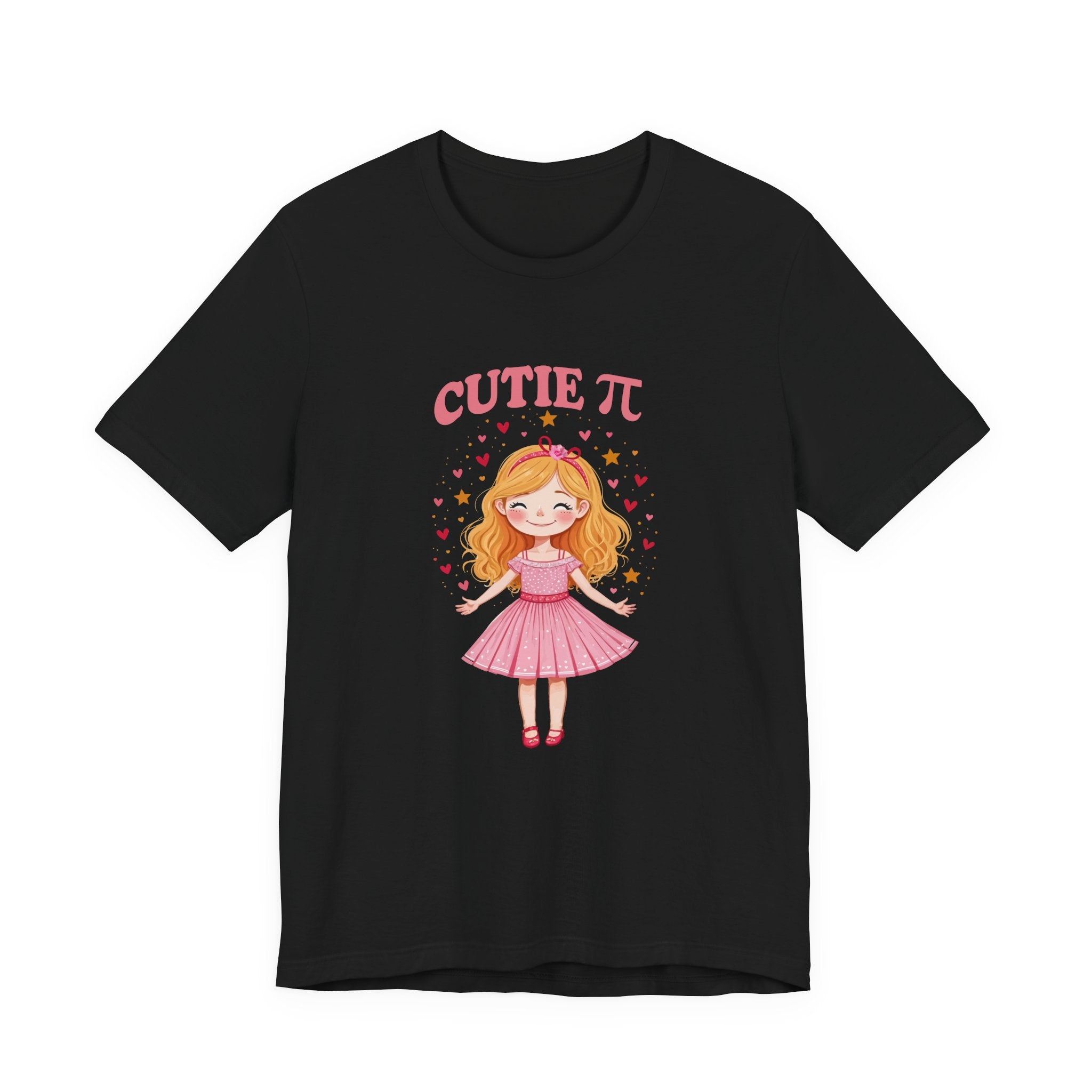 Cutie Pi Tshirt – Happy Girl with Pi Symbol, Hearts, and Stars Graphic