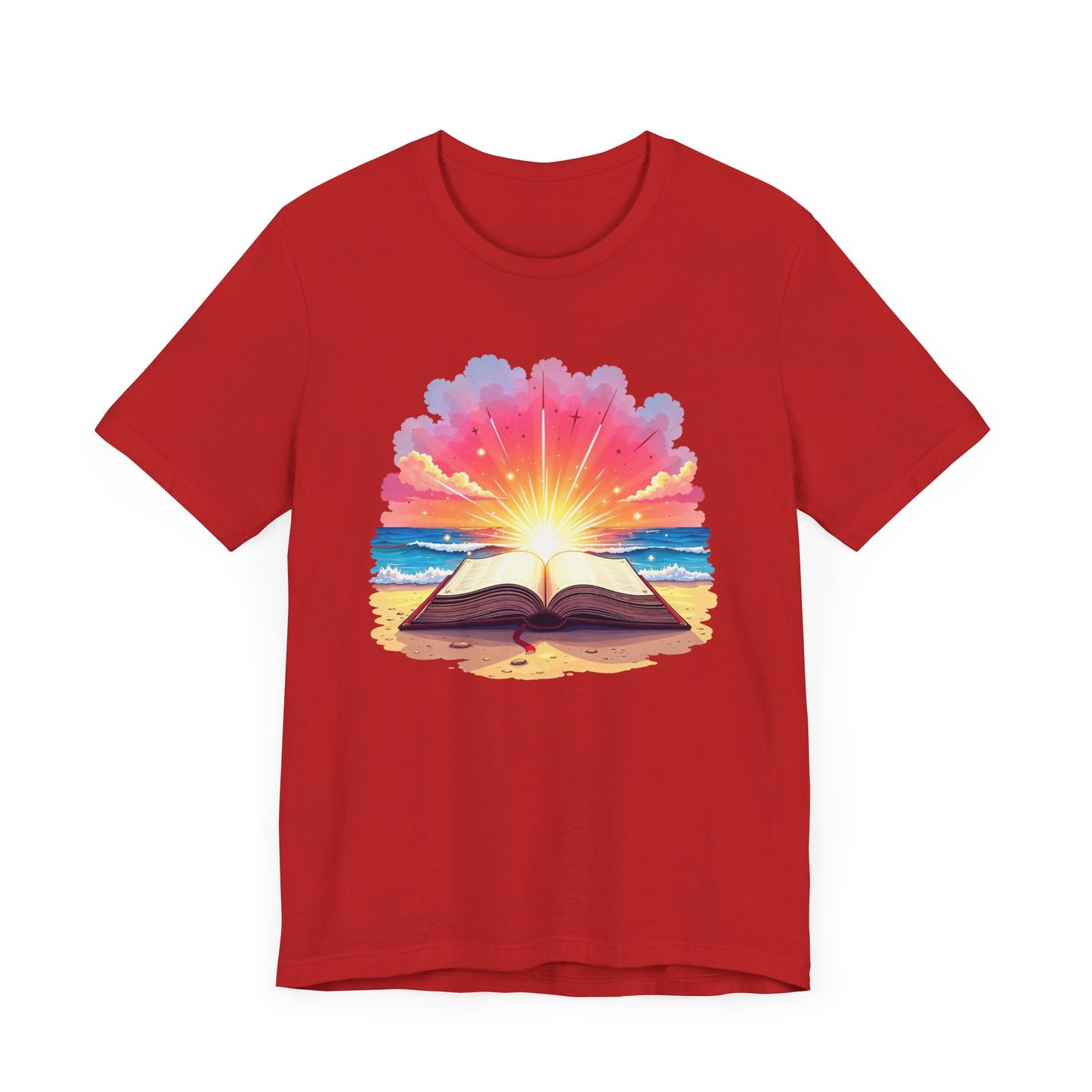 Magical Open Book on Beach with Radiant Flashlight Graphic T-Shirt