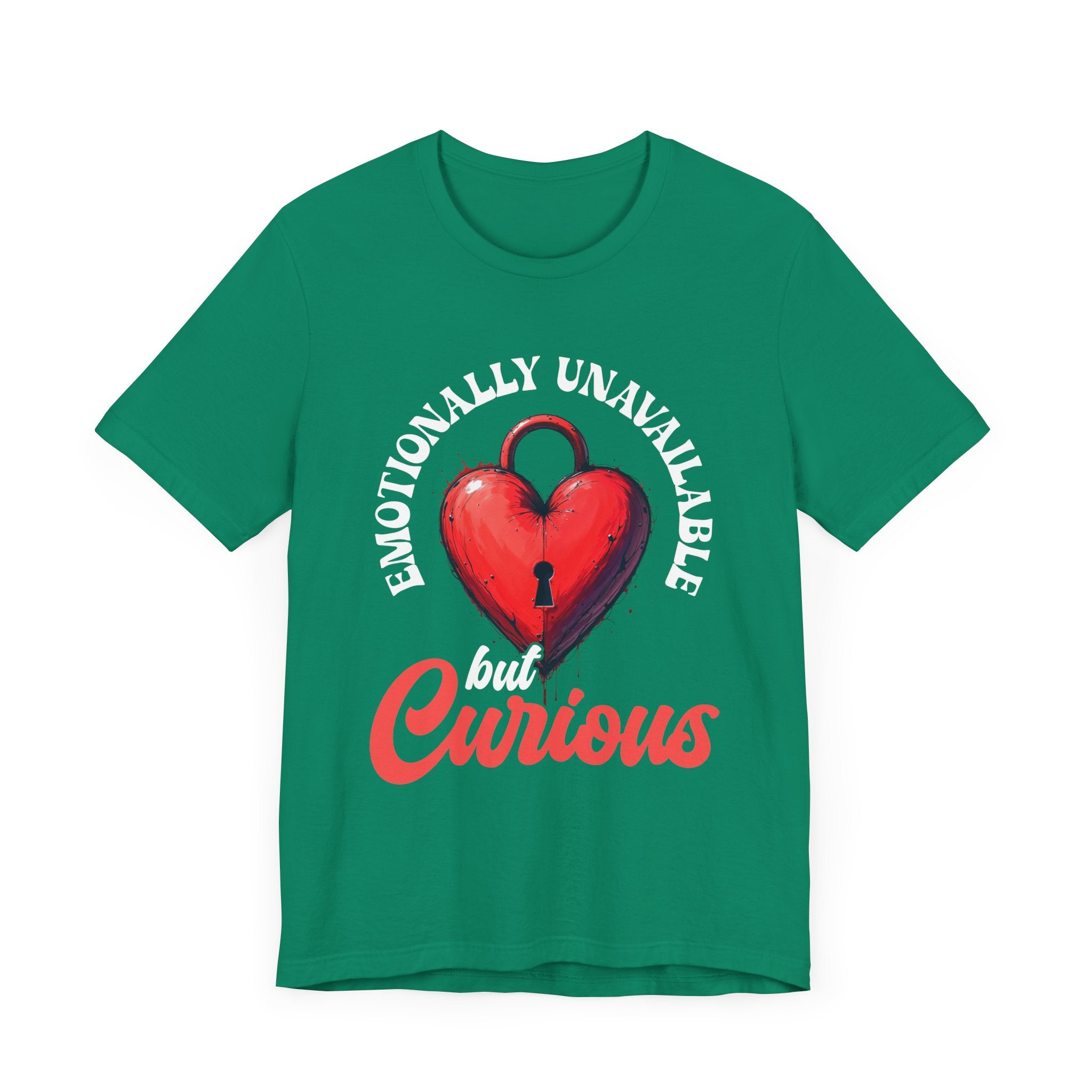 Emotionally Unavailable But Curious – Red Heart Lock Graphic T-Shirt